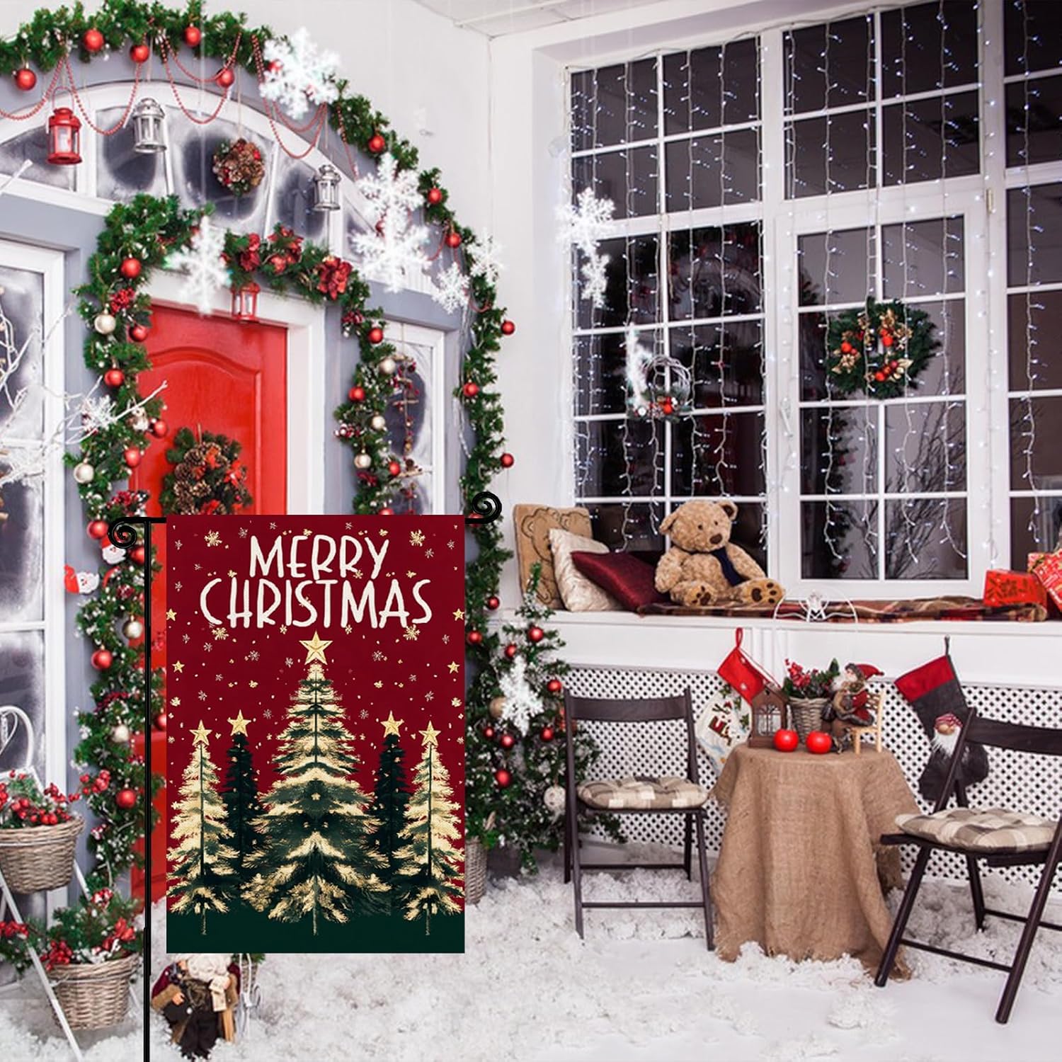 Merry Christmas Garden Flag,12x18 Inch Double Sided Outside Garden Flag, Christmas Tree Snowflake Winter Holiday Yard Outdoor Decorative Flag for Outesid - Image 5