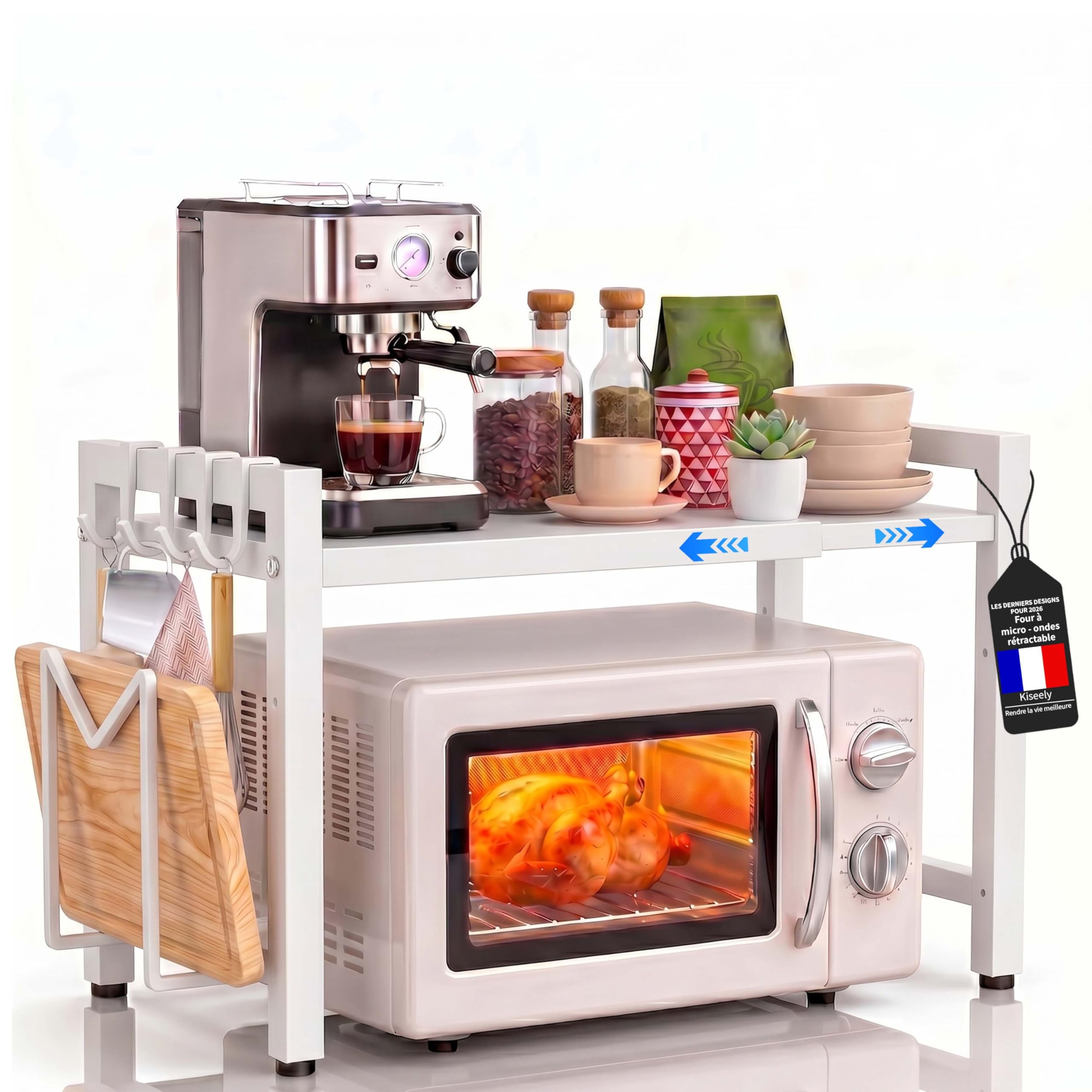 Étagère Extensible à 3 Niveaux pour Micro-Ondes,Métal Four à Micro-Étagère pour Micro,support pour four,Salle à Manger avec Crochets,pour Micro Ondes pour comptoir de Cuisine (Blanc TL3, 2 Niveaux)