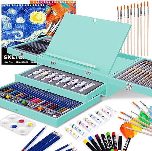 Juego de arte de 85 piezas con caballete de madera integrado, 2 blocs de dibujo, suministros de arte en estuche de madera portátil, juego de pintura