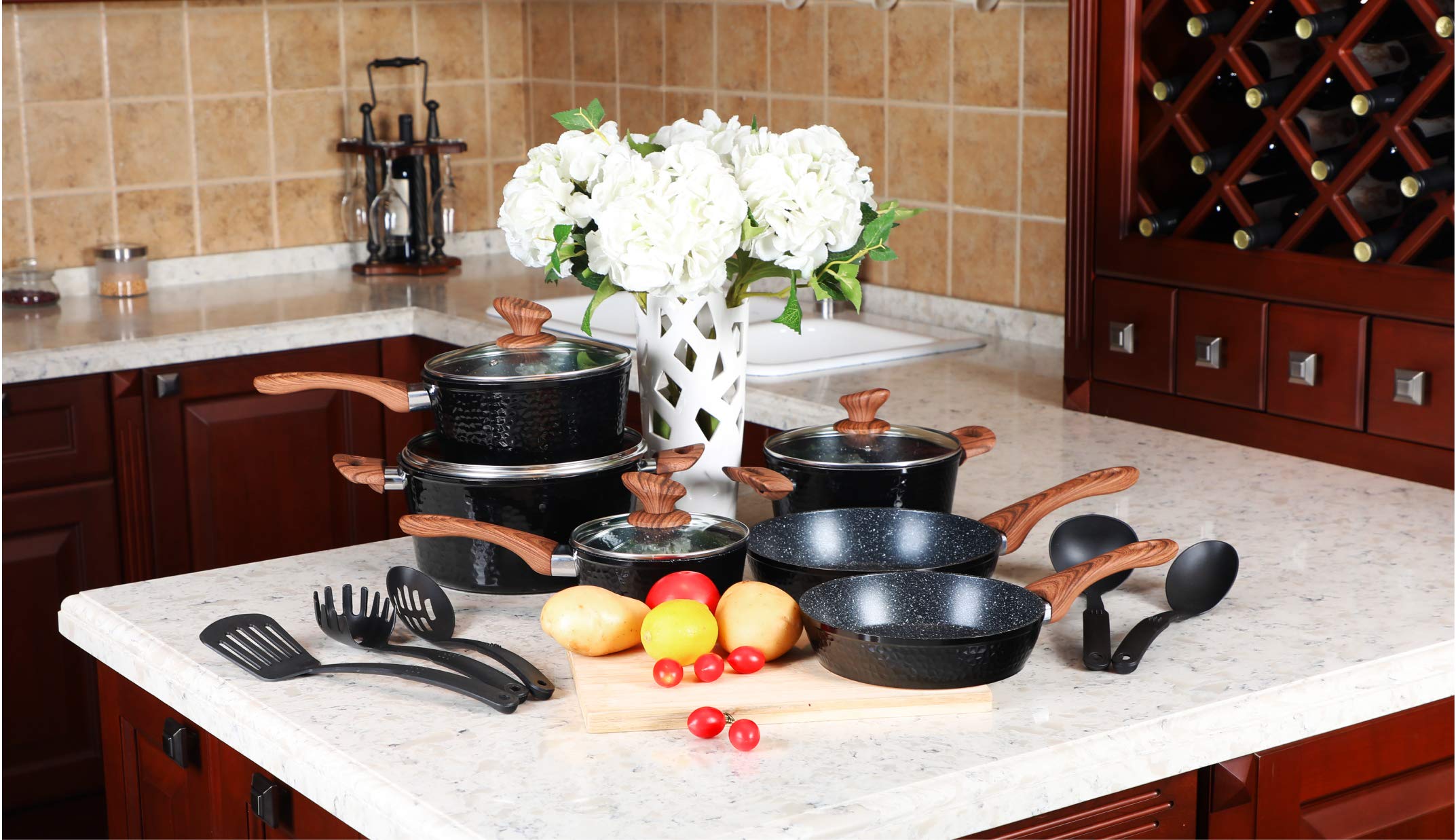 Kitchen Academy 15 Piece Nonstick Granite-Coated Cookware Set with 5 Pc Nylon Utensils,Suitable for 