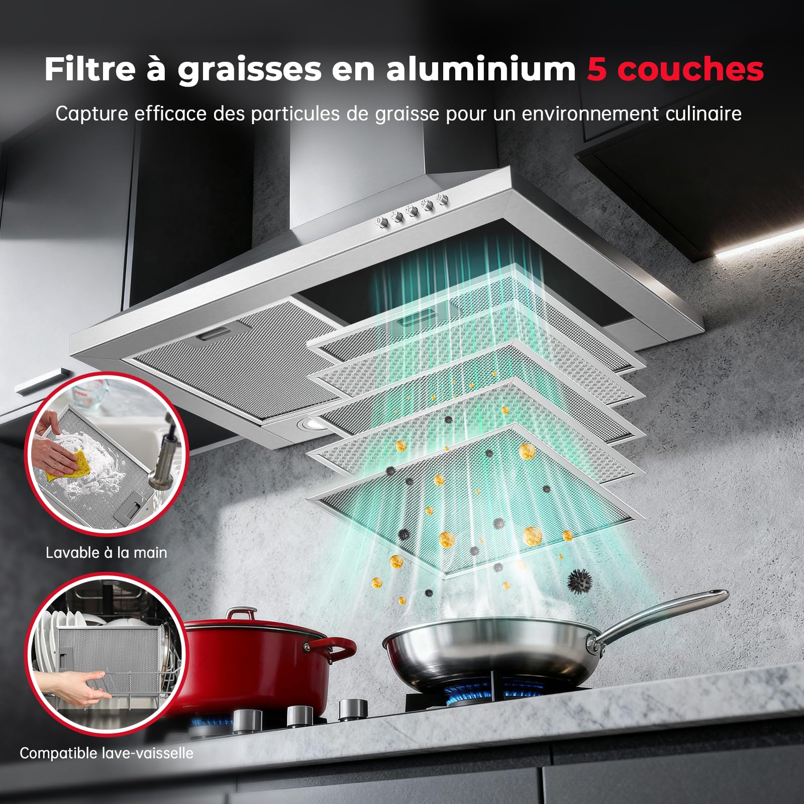 Hotte Aspirante 60cm 450m³/h Classe A+++ Inox 3 Vitesses Éclairage LED Filtre à Charbon Inclus