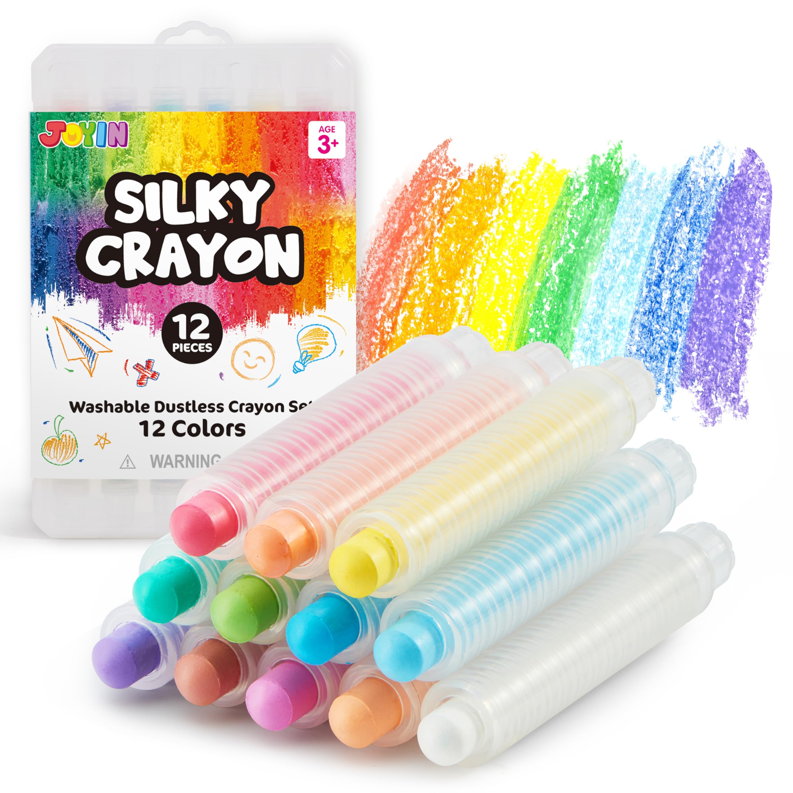 JOYIN Washable Dustless Chalk Set Rounded 12 Colors, 12 Pieces Non-Toxic Colored Chalk for Toddlers,School,Outdoor