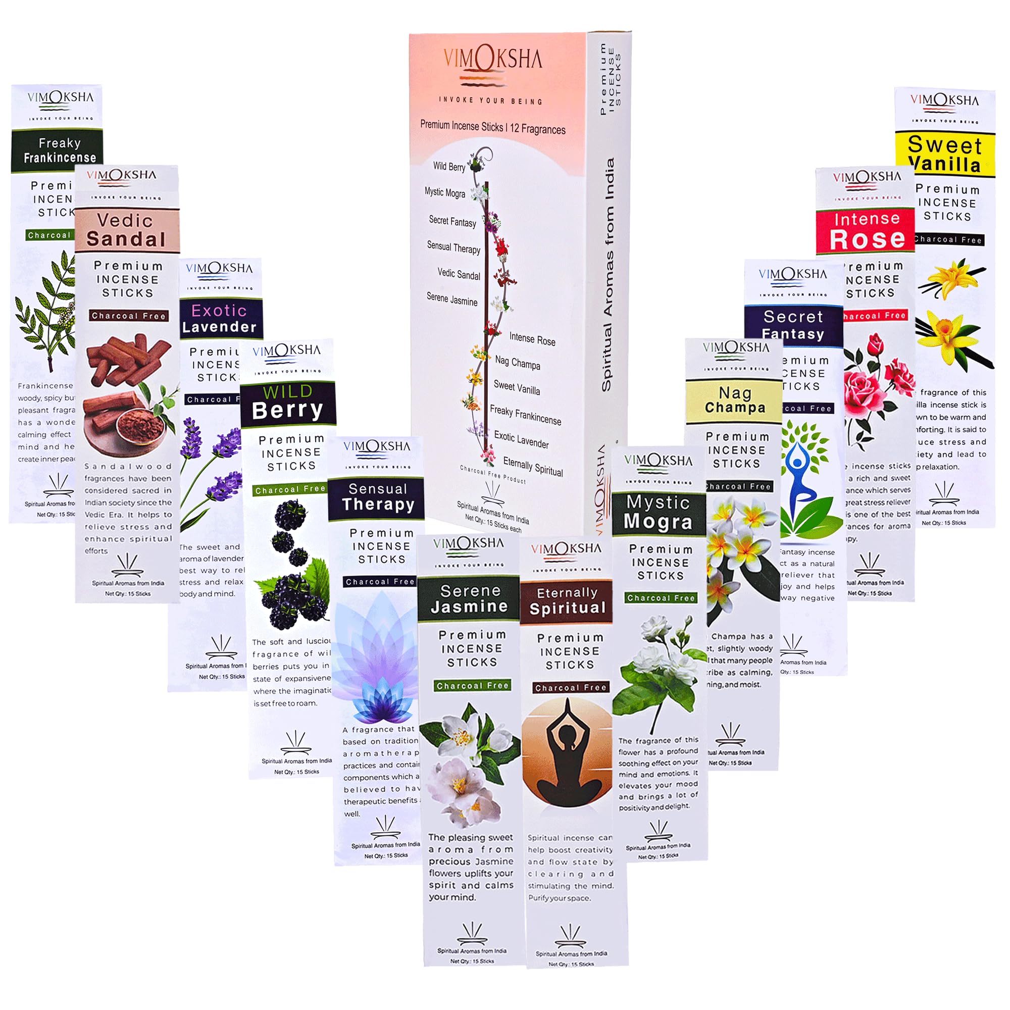 Vimoksha Incense Stick | Agarbatti | Pack of 12 | 100% Natural | Handmade Organic | Chemicals Free | for Relaxation | Positivity | Yoga Meditation | 180 Sticks 216GM | 12 Fregrance x 15 Each