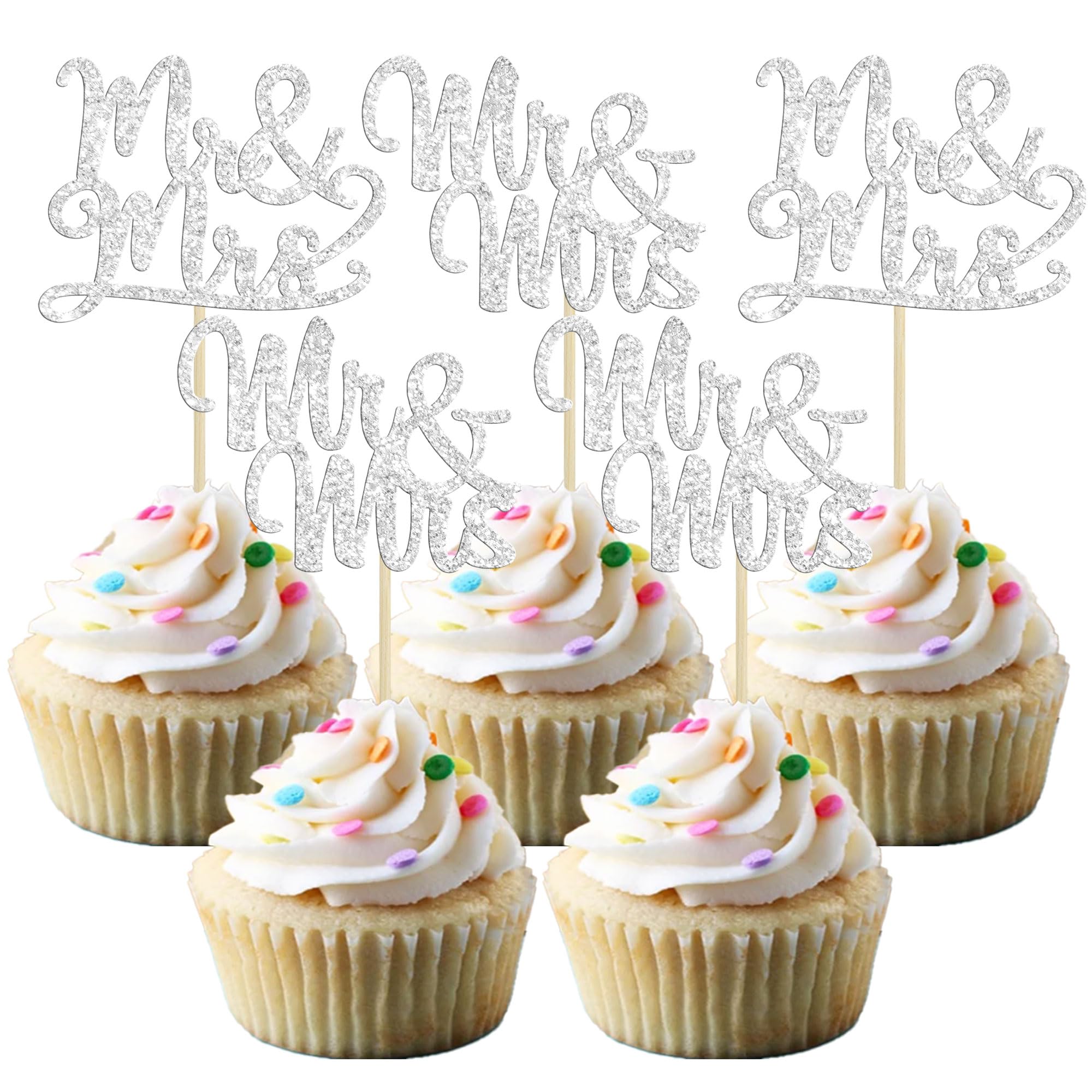 Gyufise 36Pcs Silver Glitter Mr & Mrs Cupcake Toppers Love Cake Decoration Picks for Wedding & Bridal Shower Party Supplies