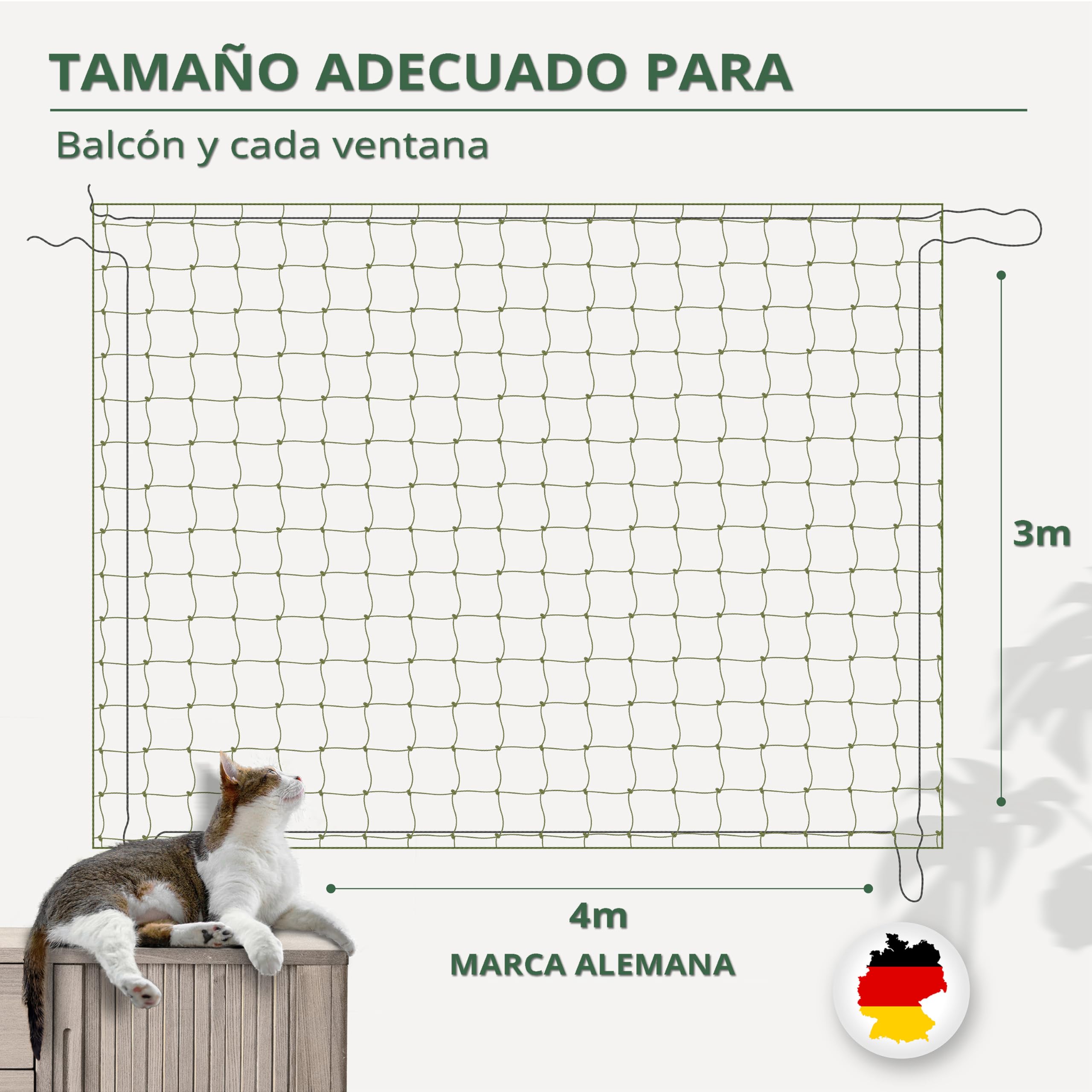 WOOWOOD® Red para Gatos terraza [Extra Reforzado con Alambre] | Red Gatos terraza | Red para Gatos | Red Gatos | Incluye Set de fijación | Red Gatos Ventanas | Malla para Gatos (4X3m)
