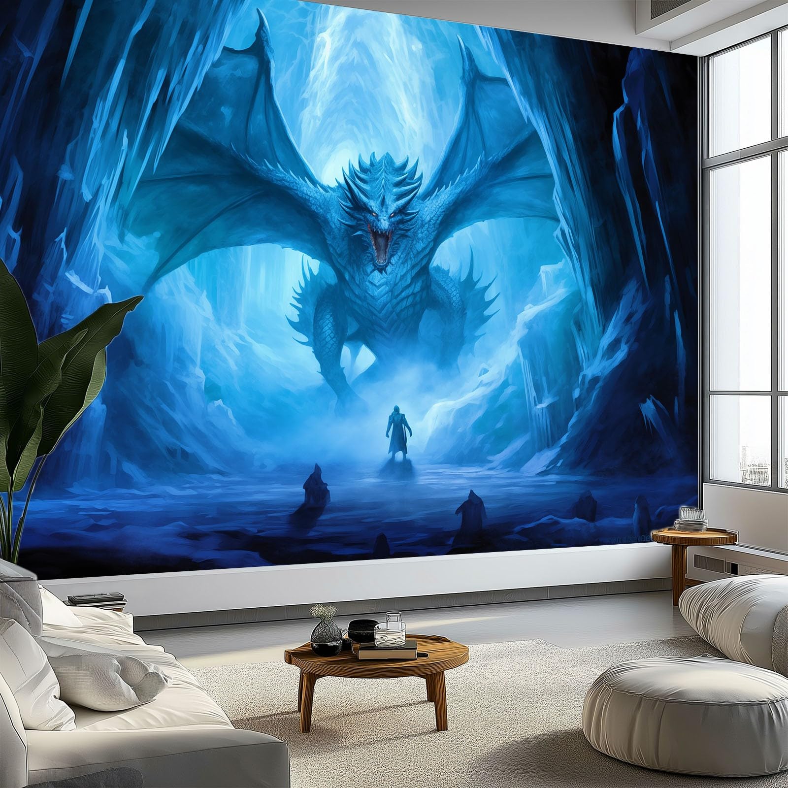 Papier Peint Dragon Bleu Fantastique Panoramique 200x140 cm pour Salon