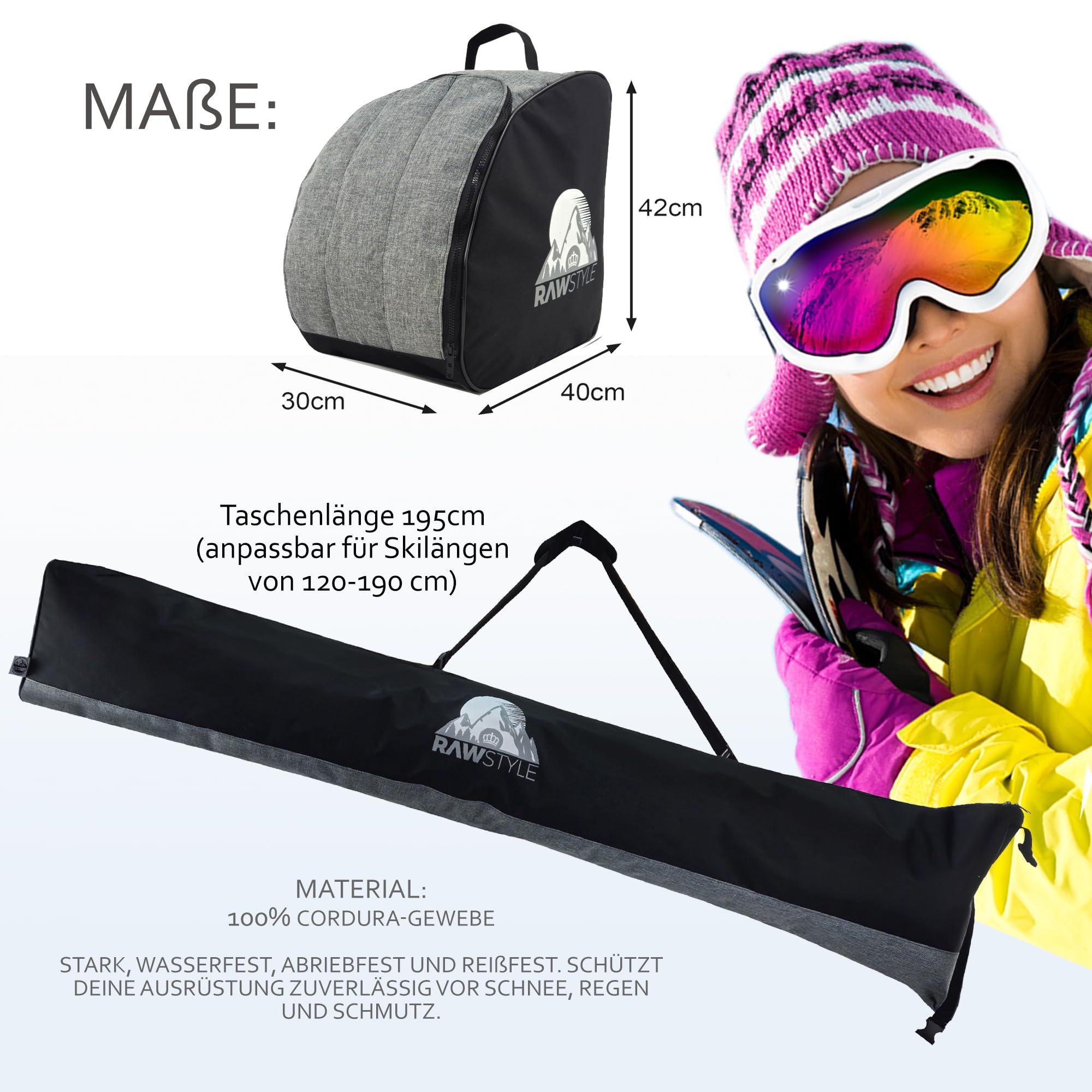 Skitaschen Set – Skitasche Rolltop 120–190 cm & Skischuhrucksack – wasserdichtes Cordura – Skiaufbewahrung für Ski, Skischuhe, Helm & Handschuhe – Ski Transporttasche KOMBIPAKET