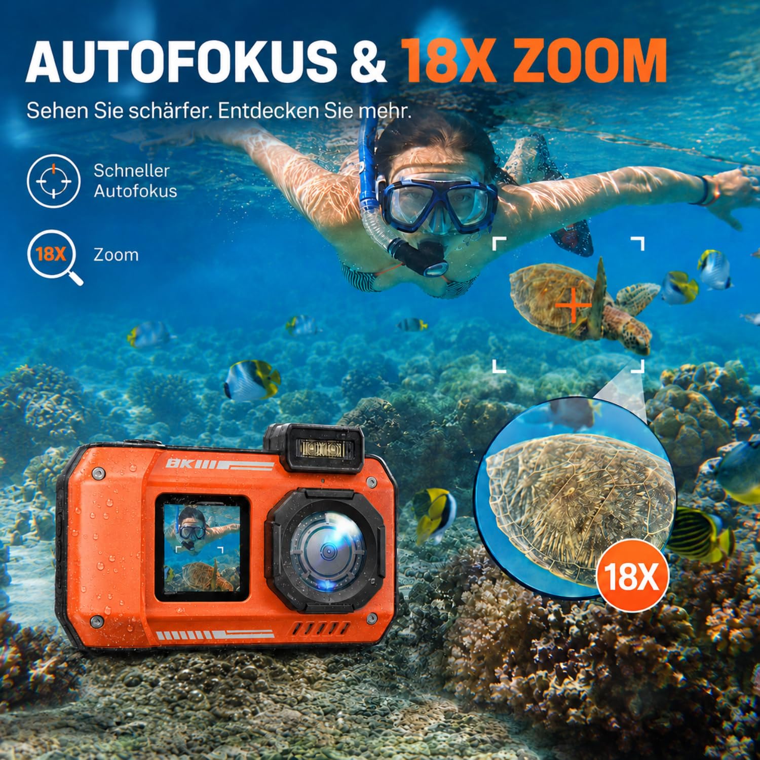 Maxmango D50 8K 90MP Unterwasserkamera, 33FT wasserdichte Digitalkamera,2.8'' Dual-Screen Selfie,Staubdichte, Stoßfeste Digitalkamera mit 2500mAh Batterie & 16GB Karte