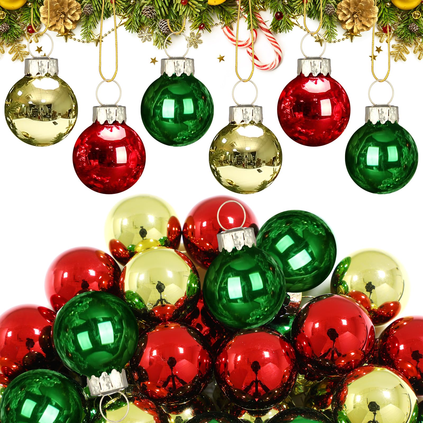 Tioncy 32 Pcs 1'' Mini Glass Christmas Ornament, Small Red Green Gold Balls