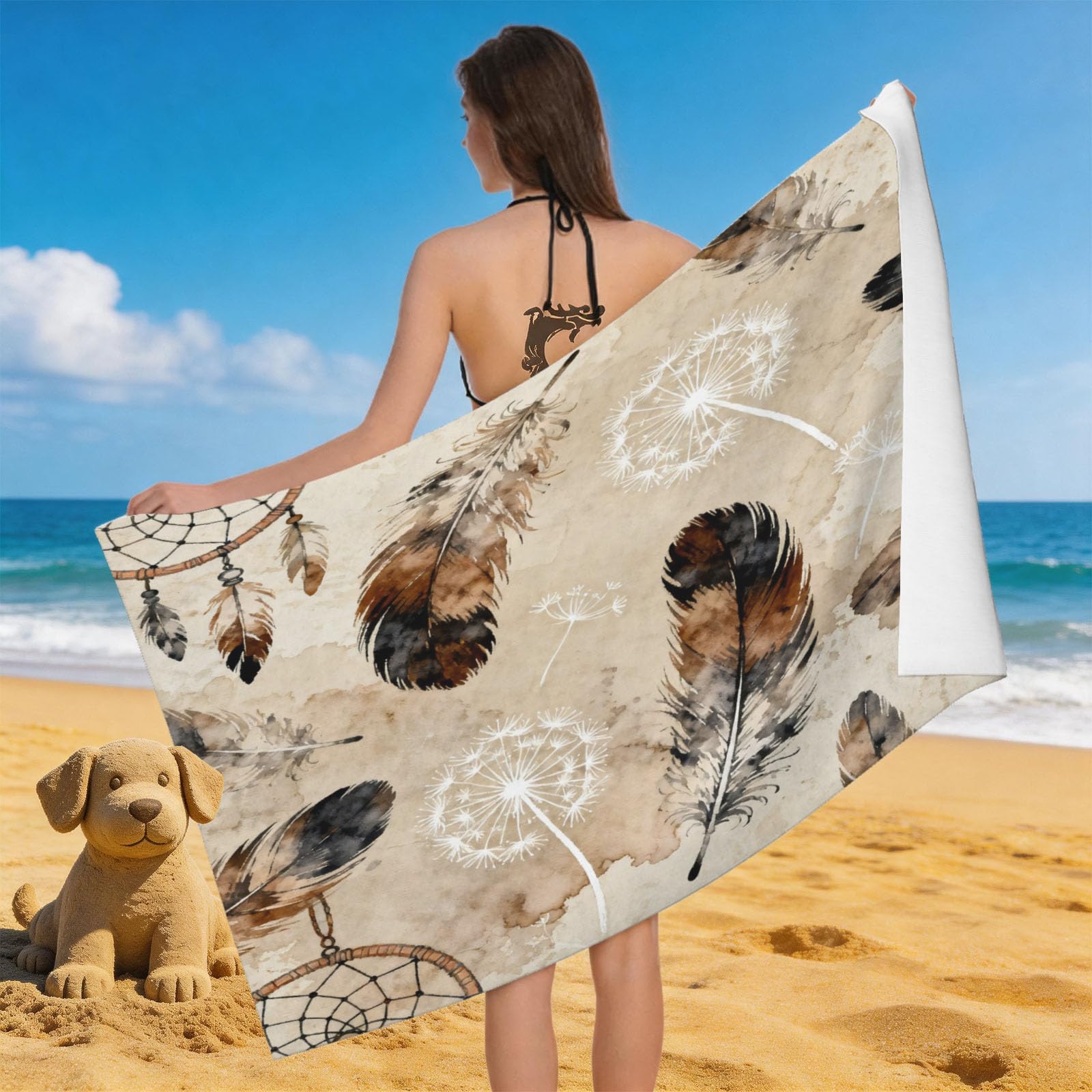 Leichong 3D Feather Print Beach Towel Microfiber Soft Quick Dry for Adults, Dandelion Bath Towel Lightweight Soft Absorbent for Travel Swimming Pool Sports, 75 x 150 cm
