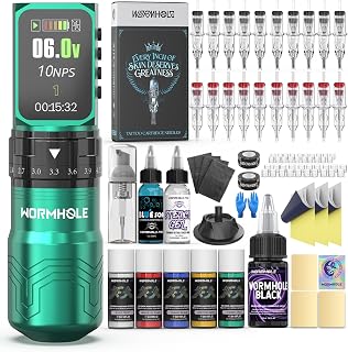 Wormhole Tattoo Gun Kit Wireless Tattoo with 2,300mAh Batteries 7 Adjustable Strokes Smart Display with 4 Memory Storage 3 Working Modes Tattoo Supplies Set for Tattooist Beginners WTK0292