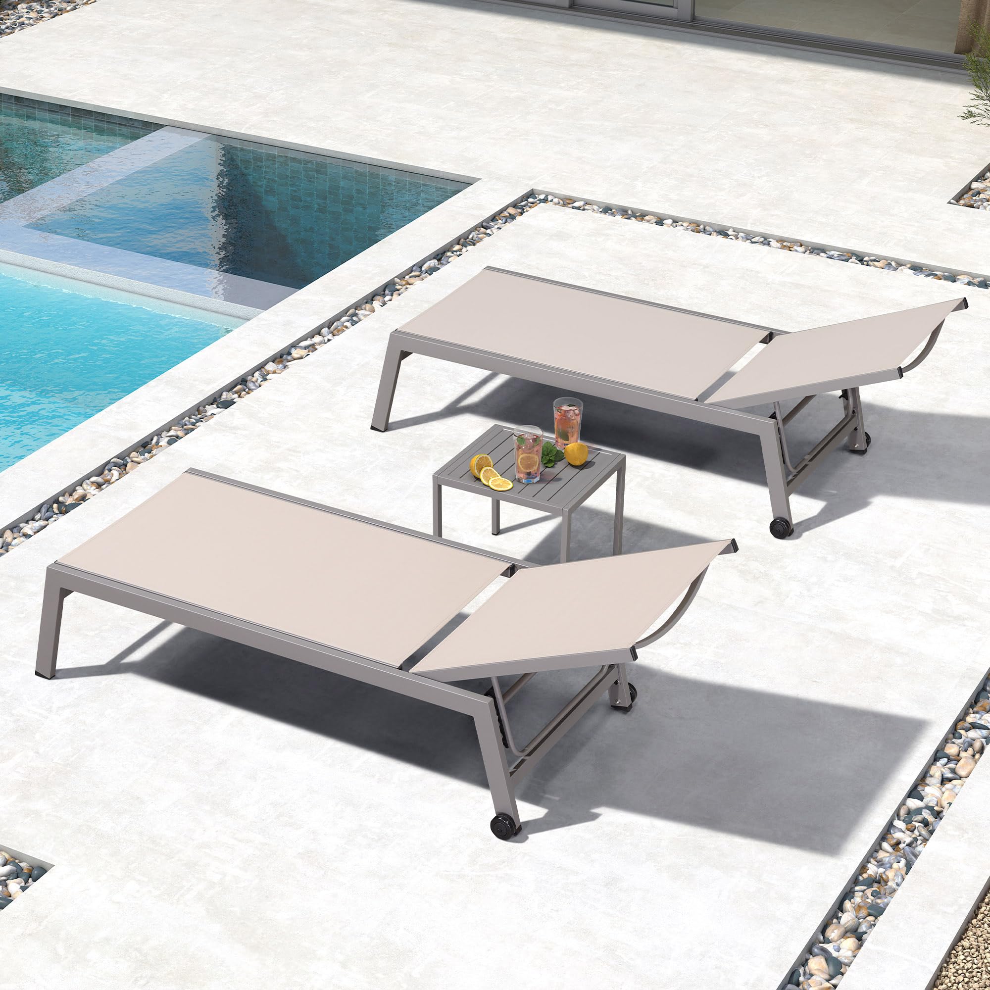 PURPLE LEAF Outdoor Chaise Lounge Set for 2 Oversized Pool Lounge Chairs with Easy-to-Move Wheels and Adjustable Backrest Extra Large Patio Loungers