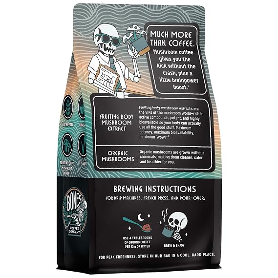 Bones Coffee Company Better Brain Mushroom Coffee Medium Roast & Dark Roast Functional Coffee with Lions Mane & Chaga | Focus, Energy & Clarity | Ground Coffee 2-Pack Virtual Bundle