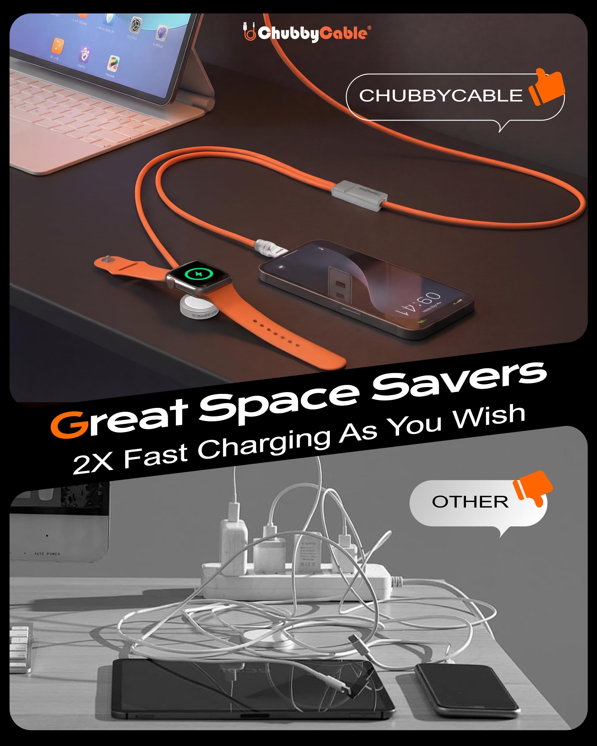 chubbycable 2-in-1 USB-C-Ladekabel für Apple Watch, 40 Minuten, 80 %, Orange, 1,2 m | All-in-One 2-in-1-Kabel mit Apple Watch Ladegerät und 100W USB C Schnellladung, ersetzt mehrere Kabel für Zuhause und Reisen