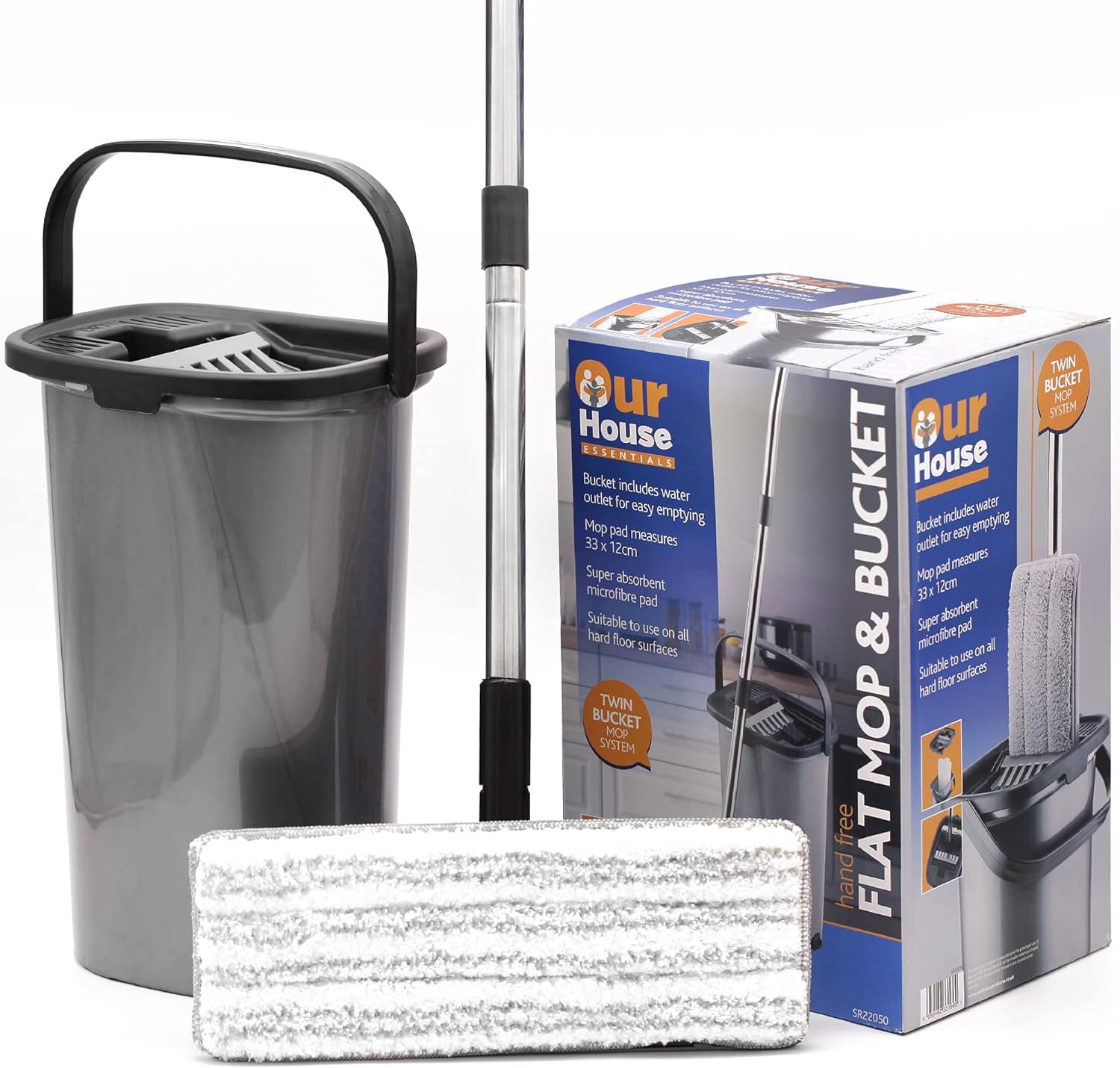 OurHouse Essentials Flat Squeezy Mop and Bucket Set, Super Absorbent