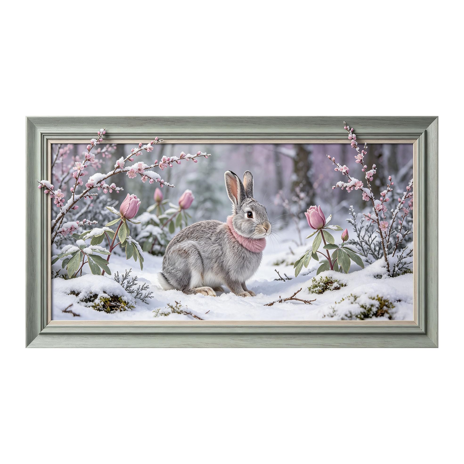 Yzpallescene 3D 3D Framed Wall Art 50cm×90cm Snowy Forest Rabbit Floral Pastoral Oil Painting Large Size SelfAdhesive Removable Wall Decor Prints Artwork for Living Room Bedroom Office