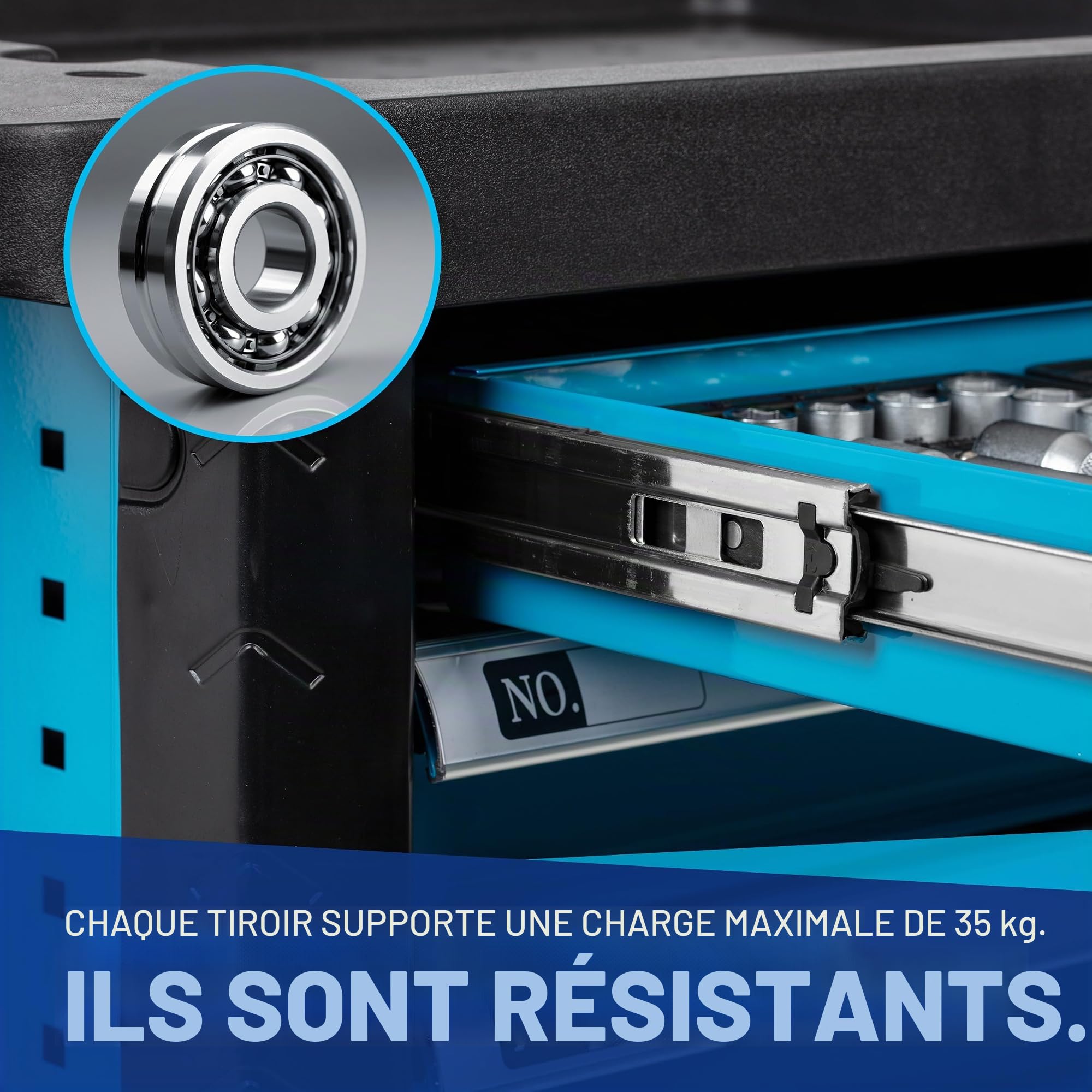 Chariot à Outils - Boîte à Outils + Outils - 220 pièces - avec 6 tiroirs Dont 4 avec Outils - Verrouillable - Tiroirs à roulement à Billes - 2 roulettes pivotantes - Frein de stationnement