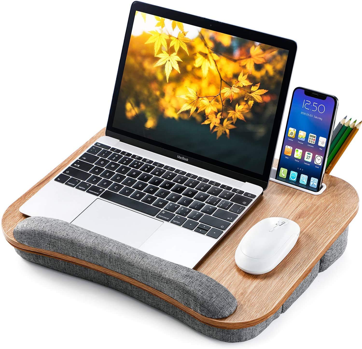 Lap Desk Height Adjustable - Fits up to 15.6 inch Laptop, Ohuhu Portable Wood Lap Laptop Desk with Soft Pillow Cushion, Anti-Slip Strip & Storage Pockets for Notebook, MacBook, Tablet Laptop Stand