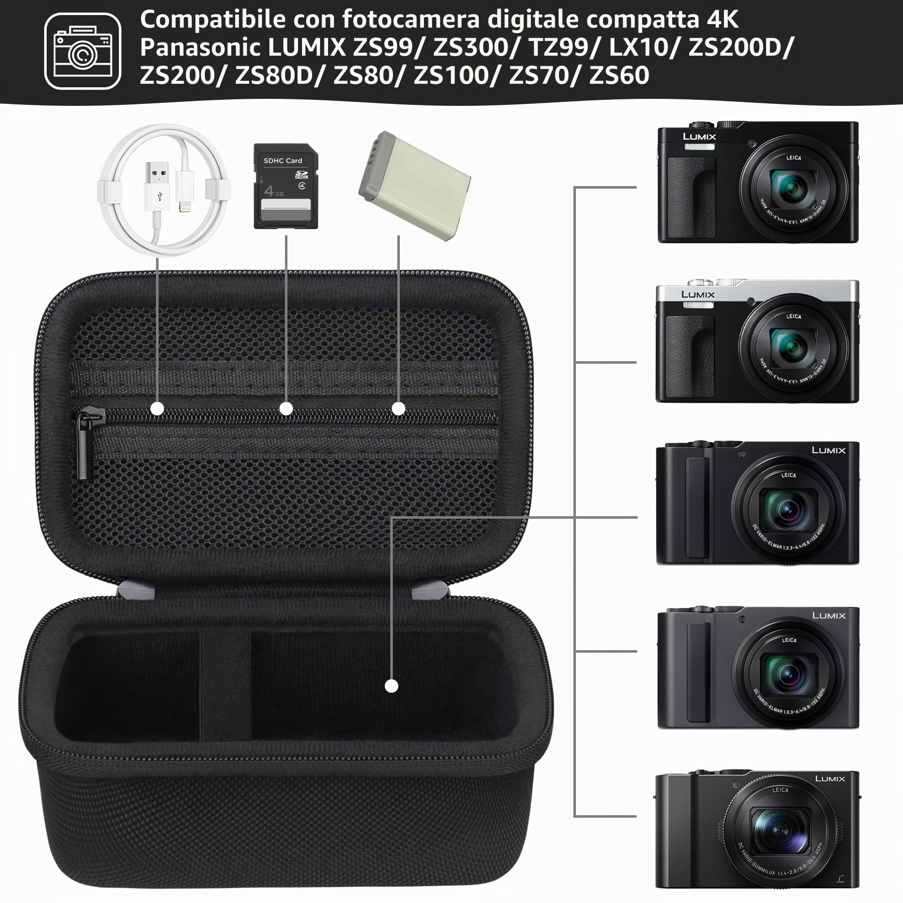 Custodia per fotocamera Panasonic LUMIX DC-TZ99E-K/DC-TZ300E, fotocamera compatta da viaggio con zoom/ LX10 TZ200D TZ200 TZ80D TZ80 TZ100 TZ70 TZ60, custodia protettiva con tasca in rete, Nero