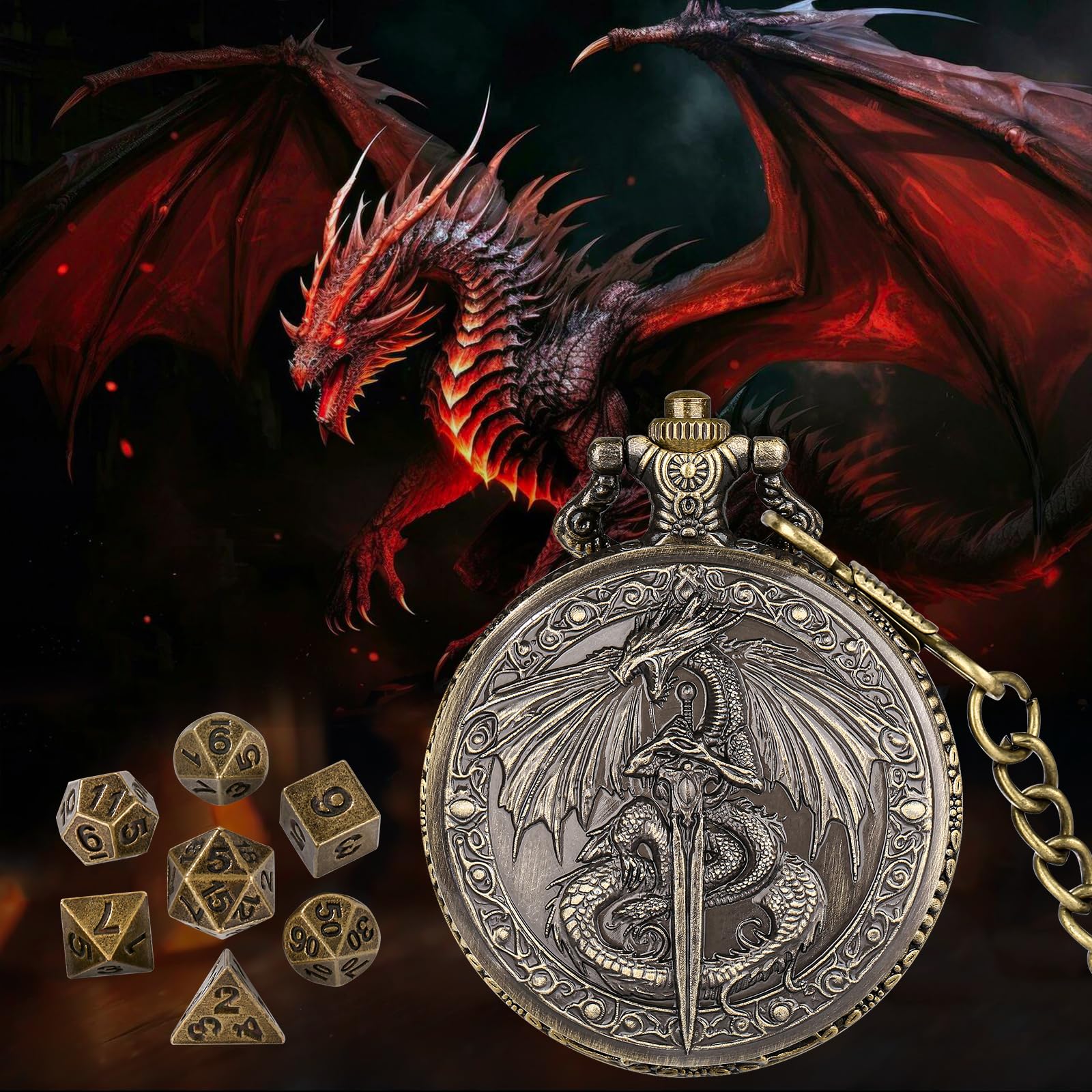 D&D Dragon with Sword with Pocket Watch Case, Mini Dice Set, 7pcs Polyhedral Metal Dice, Fantasy Dragon Gripping Sword - Image 3