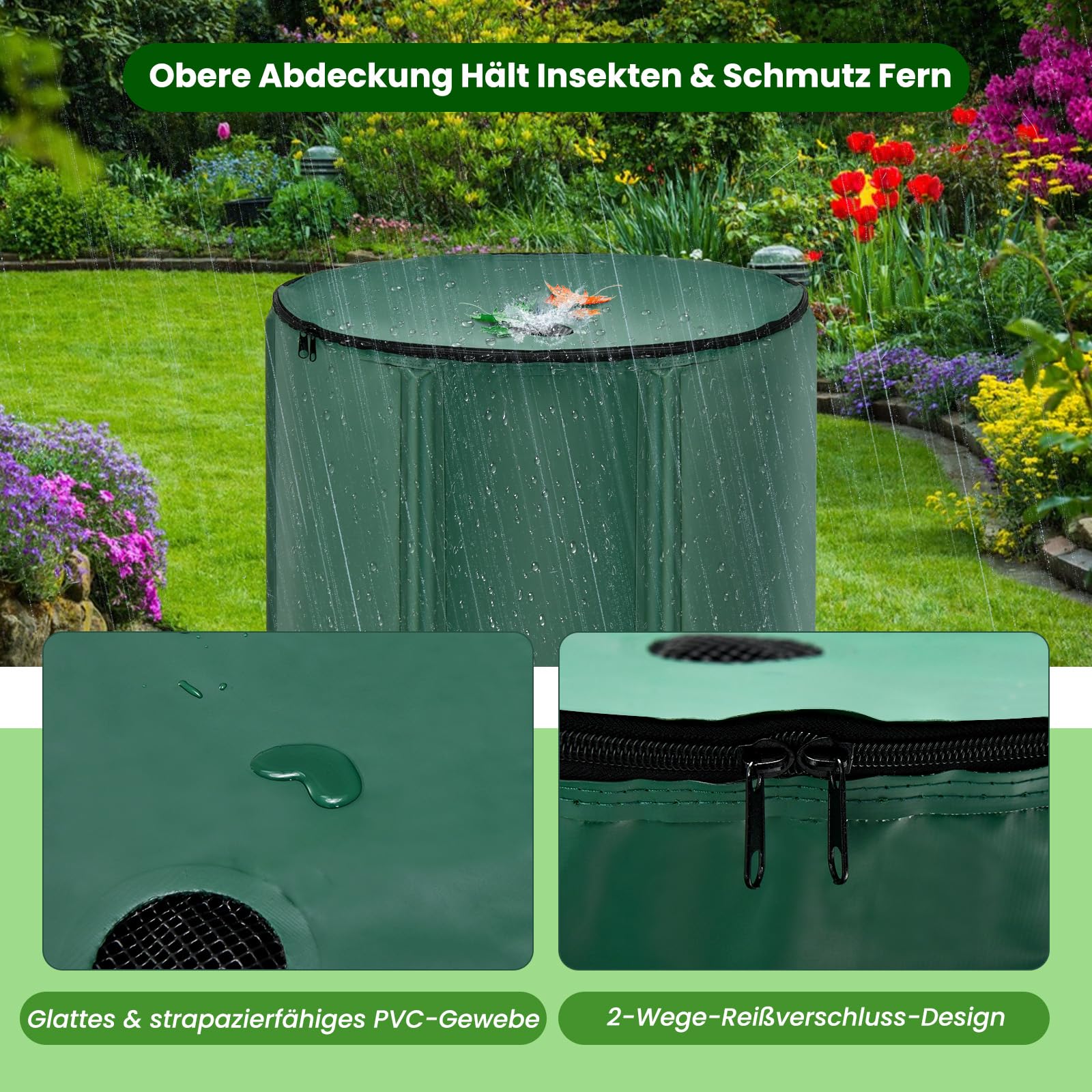 RELAX4LIFE Sistema de recolección de Agua Plegable con Tapa, Grifo y válvula de Drenaje, contenedor de recolección de Agua portátil con Filtro de Malla para riego de Flores, Lavado de Autos (200L)