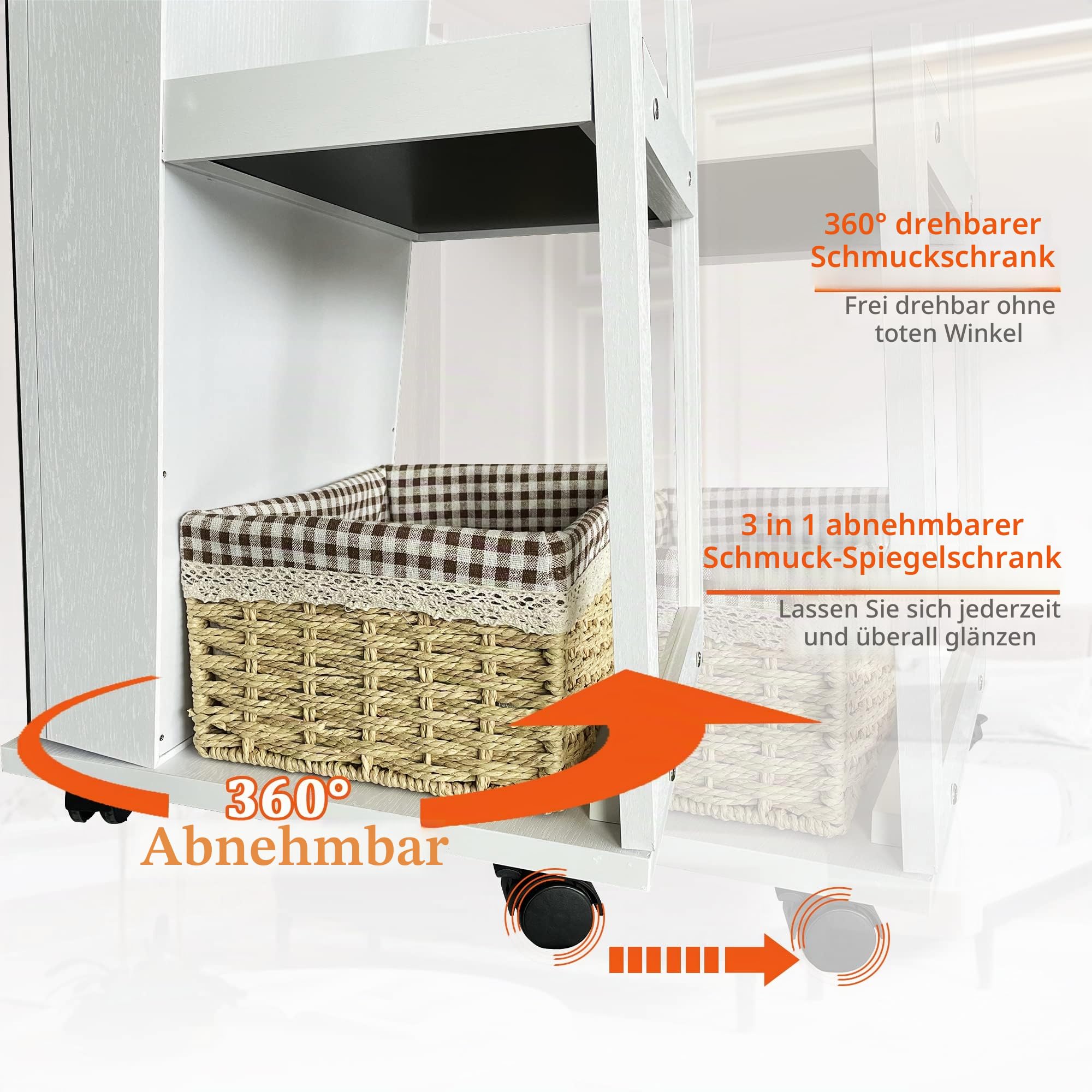 Lvifur 6LEDS Schmuckschrank mit Ganzkörperspiege,360°drehbar Spiegelschrank mit 4 Räder,abschließbar Standspiegel Schmuckorganizer mit großer Stauraum Geeignet für Schlafzimmer Wohnzimmer