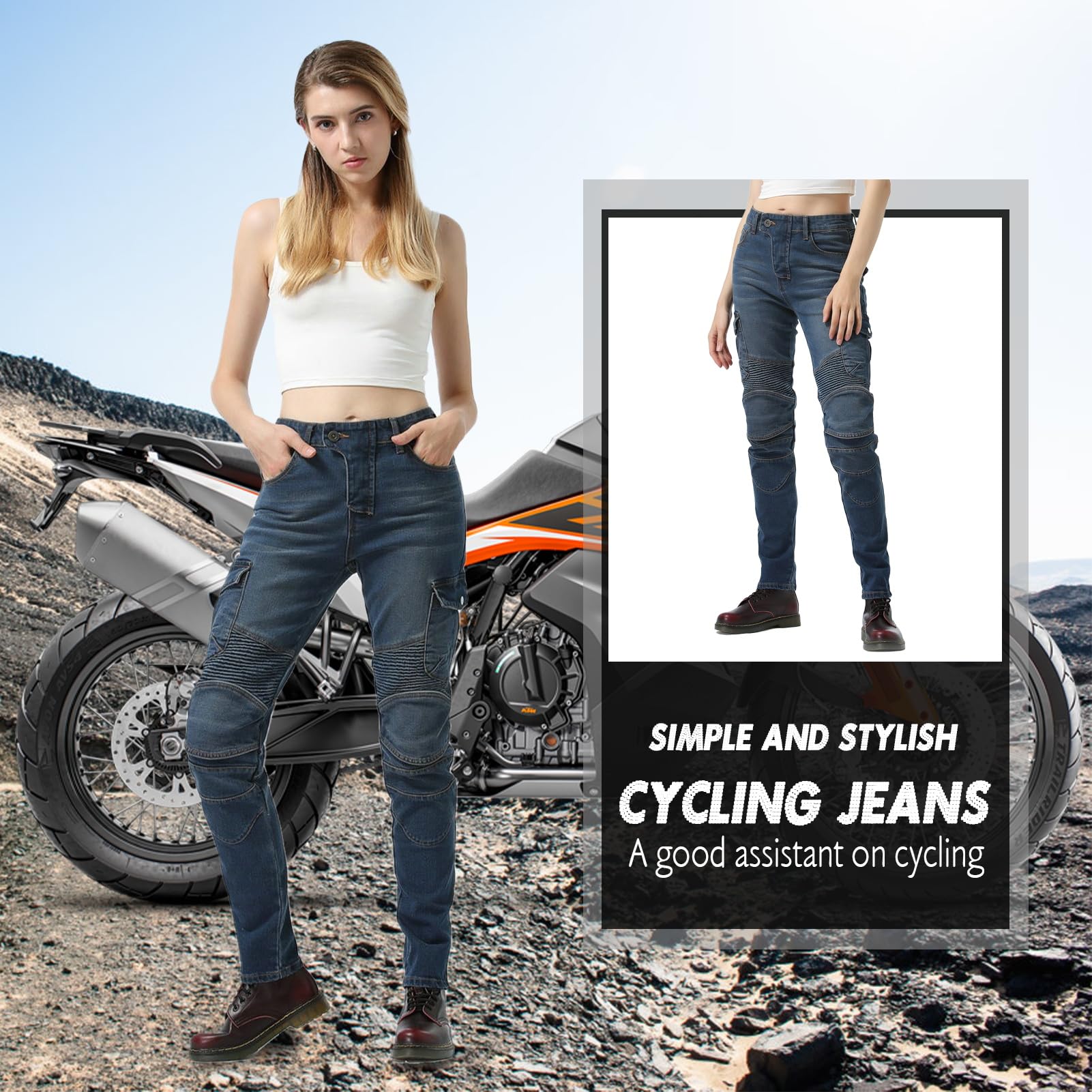 HULG Pantalon Moto Mujer,Pantalones Vaqueros De Moto De Corte Ajustado Para Mujer, Con Protectores De Rodilla Y Cadera, Elásticos, Ajustados, Pantalones De Motorista (Blue,XXS)