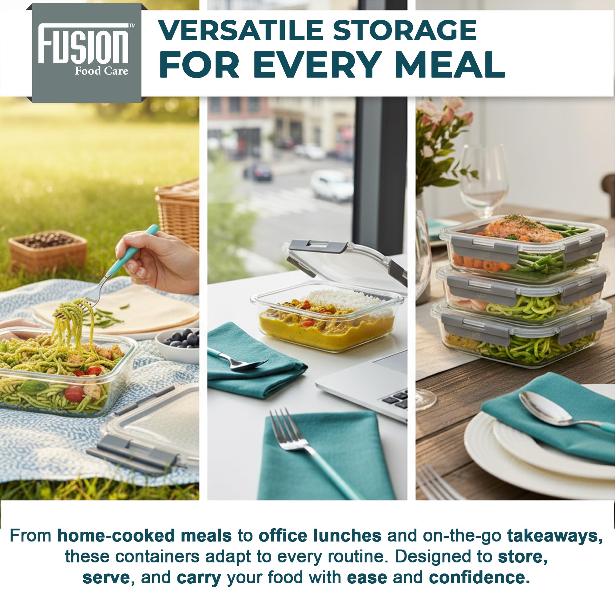 Fusion - Contenitori per alimenti con coperchi ermetici, confezione da 5, 1040 ml, in vetro, adatti per forno, microonde, congelatore e lavastoviglie, senza BPA, resistenti alle perdite