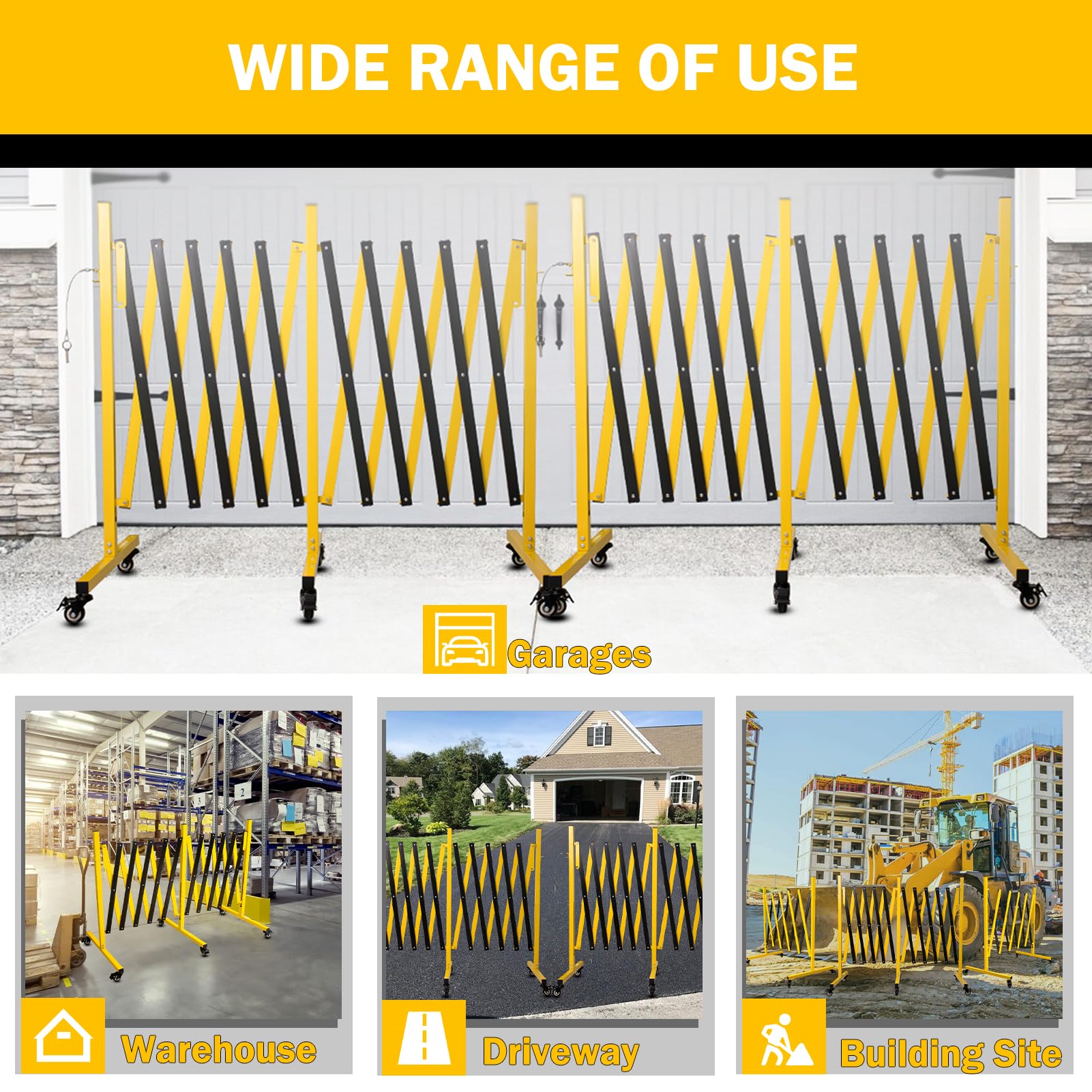 Grille industrielle, extensible, pour l'extérieur, 3,35 m, jaune et noire, chaînes de barrière mobile, extensible, avec roulettes (3,35 m)