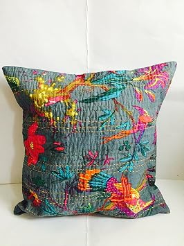 Sophia Art Indian Floral Home Decor Birds Handmade Thread Embroidery Cotton Cushion Covers Block Printed Throw Pillow Patchwork Sari Ethnic Kantha Cushion Cover 40x40 16x16 Grey