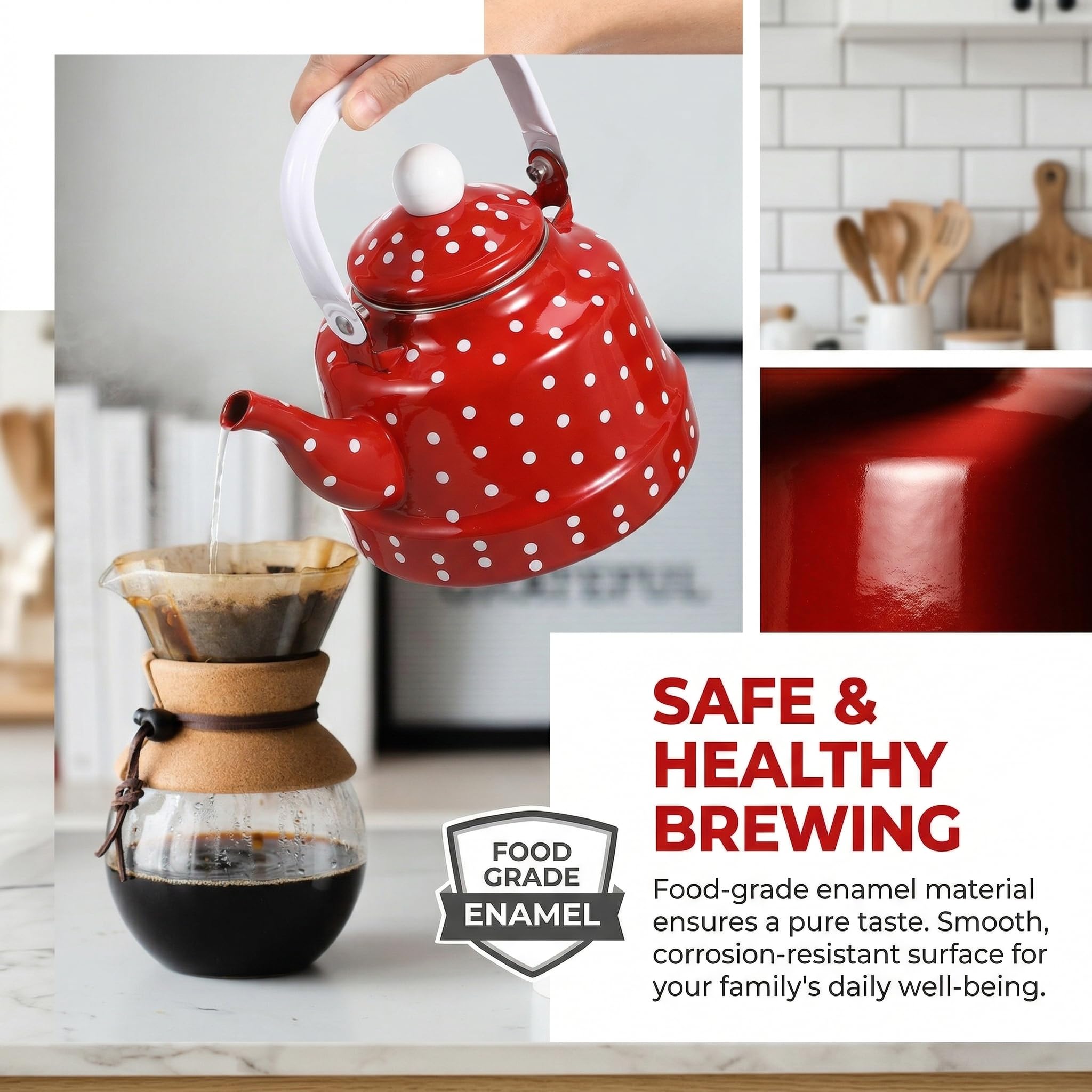 Red Enamel Tea Kettle - 1.8 qt Stovetop Kettle -4