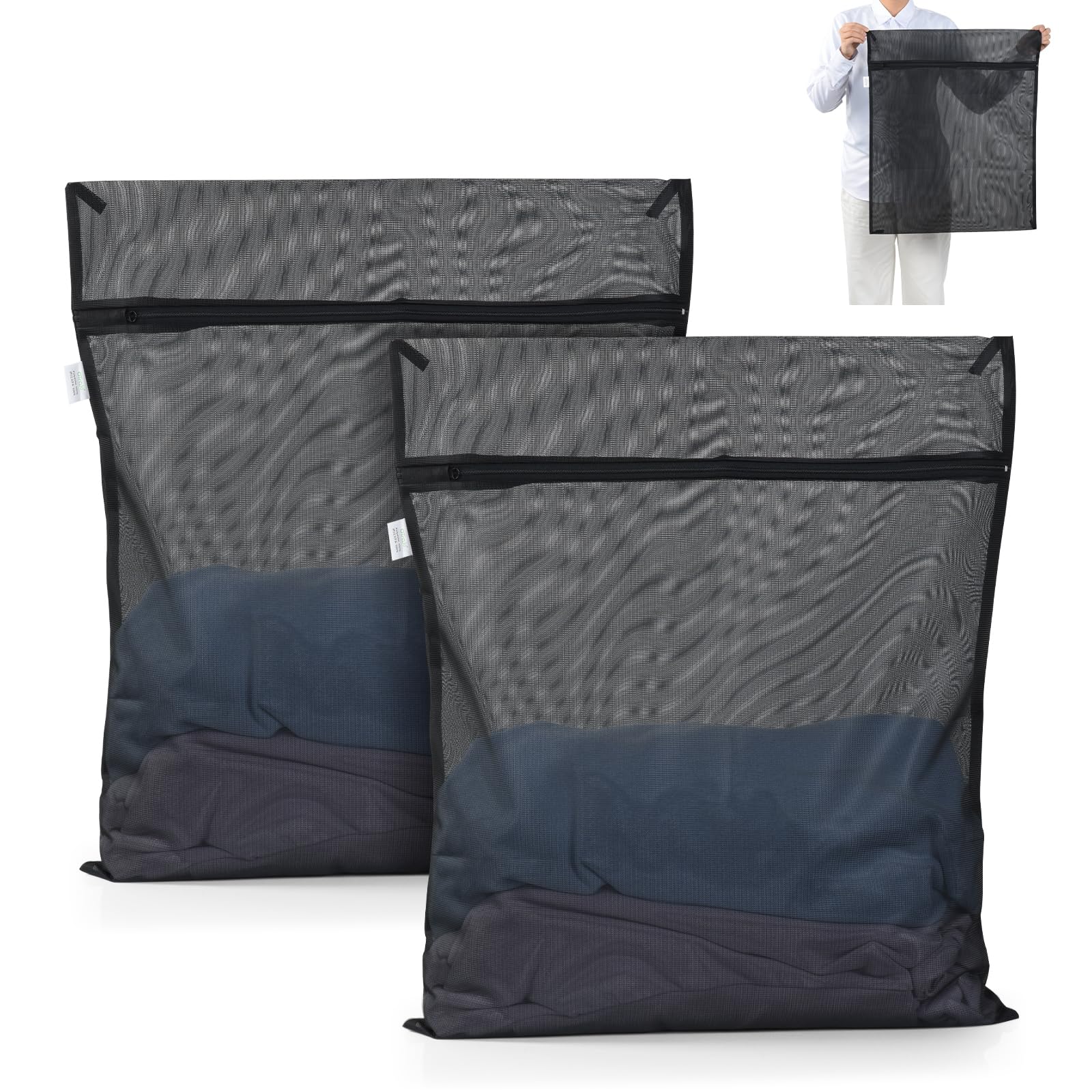 OTraki Set of 2 Laundry Washing Machine 50 x 60 cm Washing Machine Bags with Zip, Washing Net for Travel, Blouse, Socks, Underwear, Baby Clothes (Black)
