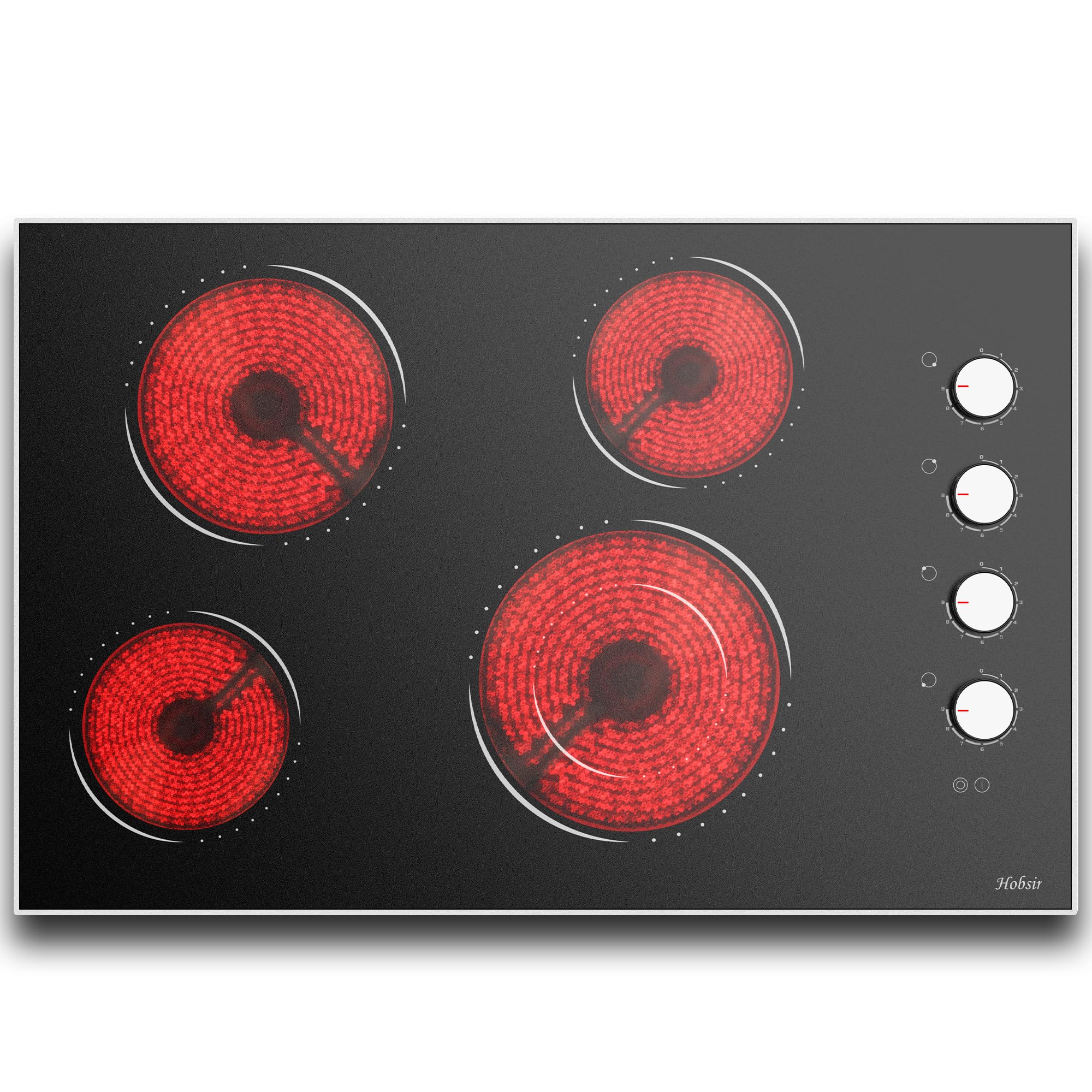 Hobsir 30 Inch Electric Cooktop, 4 Burner 6700W Knob Control, 240V Built in | Dual Ring Burner, 9 Power Levels, Metal Edge Protection, Auto Shut Off, Residual Heat Indicator, All Cookware Compatibility