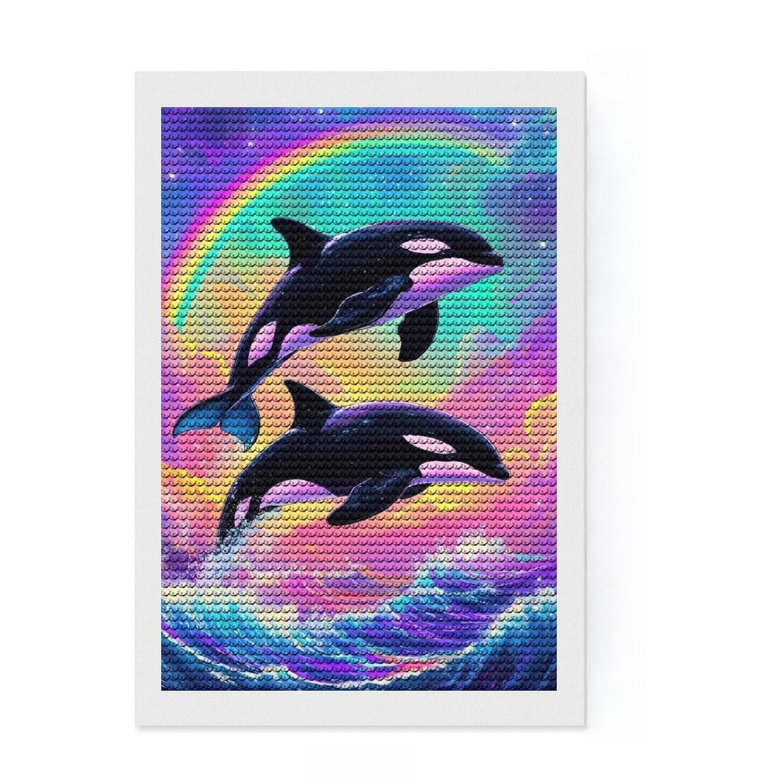 Junmoney Orcas Rainbow Watercolor Round Drill Diamond Painting 8"x12", for Adults, Stress Relief Craft, Artistic Hobby, Aesthetic Room Decor