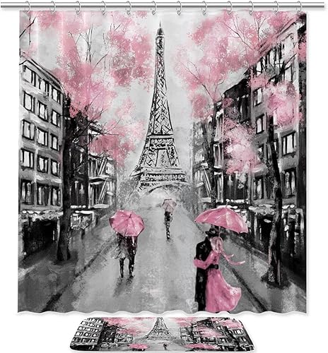 Juego de cortina de ducha impermeable y tapete de poliéster para pintura al óleo de París con ganchos 708 x 708 pulgadas