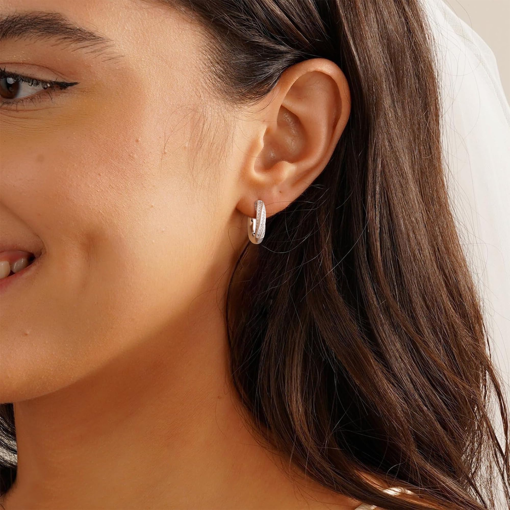 ASH'S CHOICE Orecchini Donna Argento 925 Orecchini Cerchio, Oro Placcato 14K/ Oro Bianco Brillantini Orecchini Anallergici Donna Cerchietti Piccoli