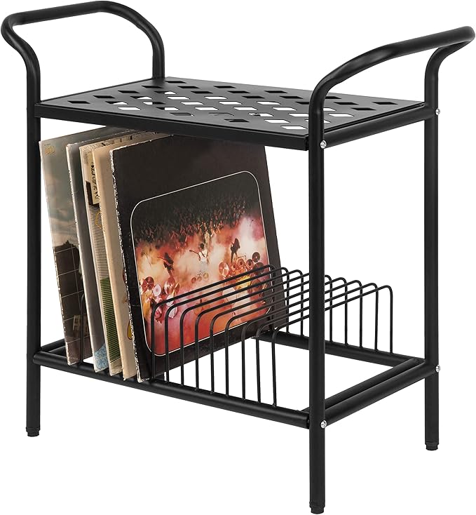 MyGift Modern Matte Black Metal Record Player Holder Stand