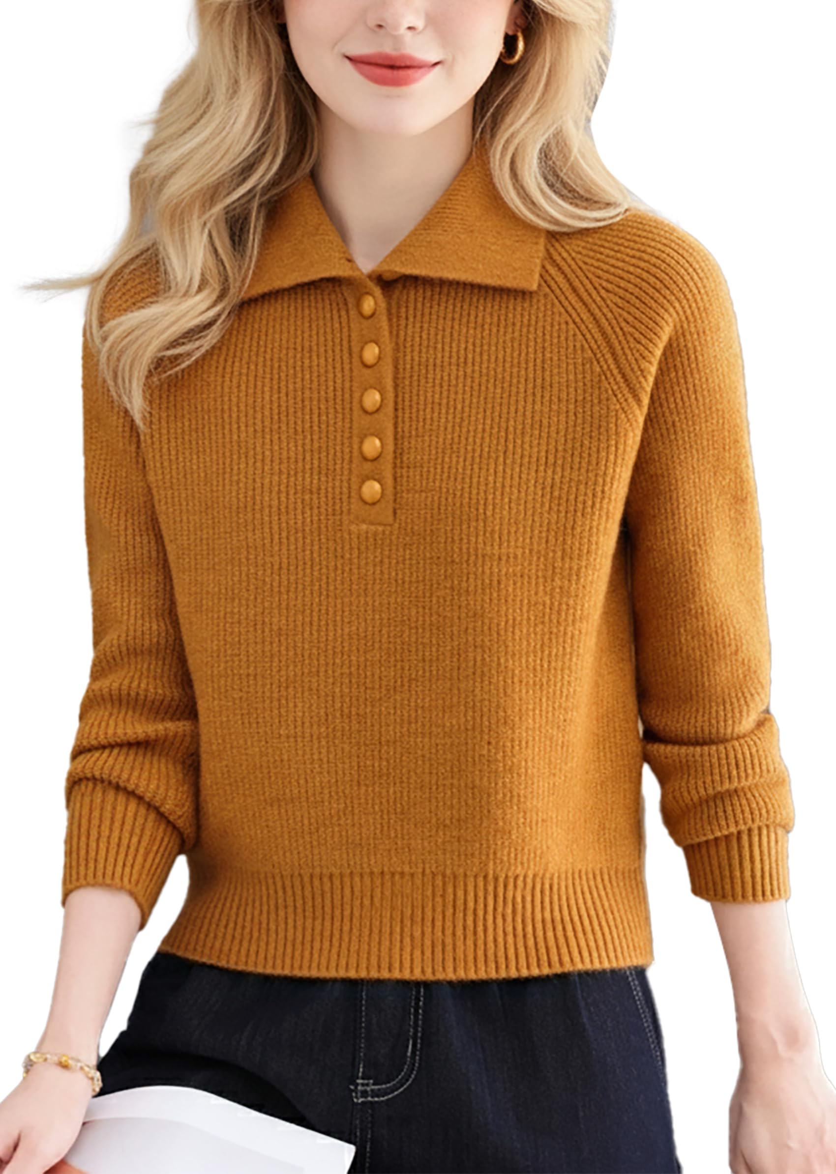 Womens Casual Long Sleeve Polo Neck Sweater Solid Fall Winter Pullover Knitwear