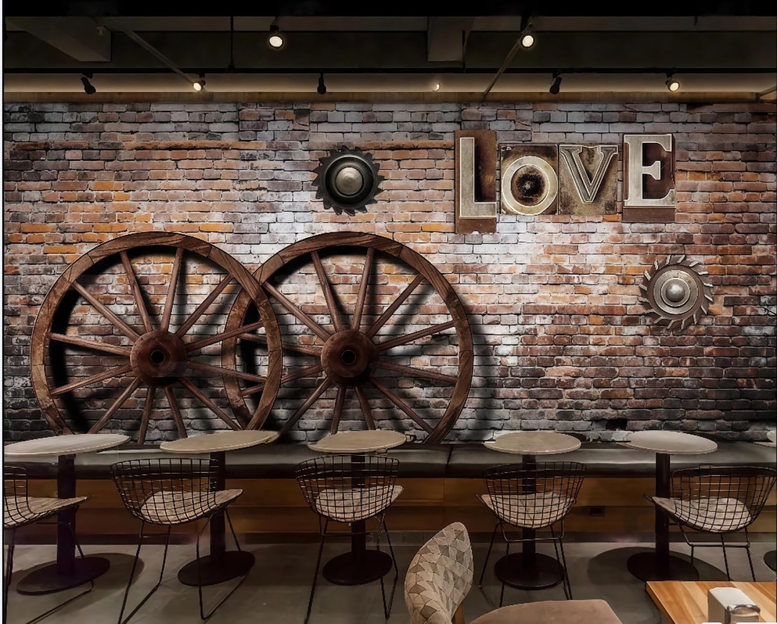 rskjdghshd Wallpaper Retro Nostalgic Wheel Wooden Wheel Letter Bar Mall Western Restaurant Background Wall Mural Afternoon Tea Coffee Shop Wallpaper,3D,250x175cm