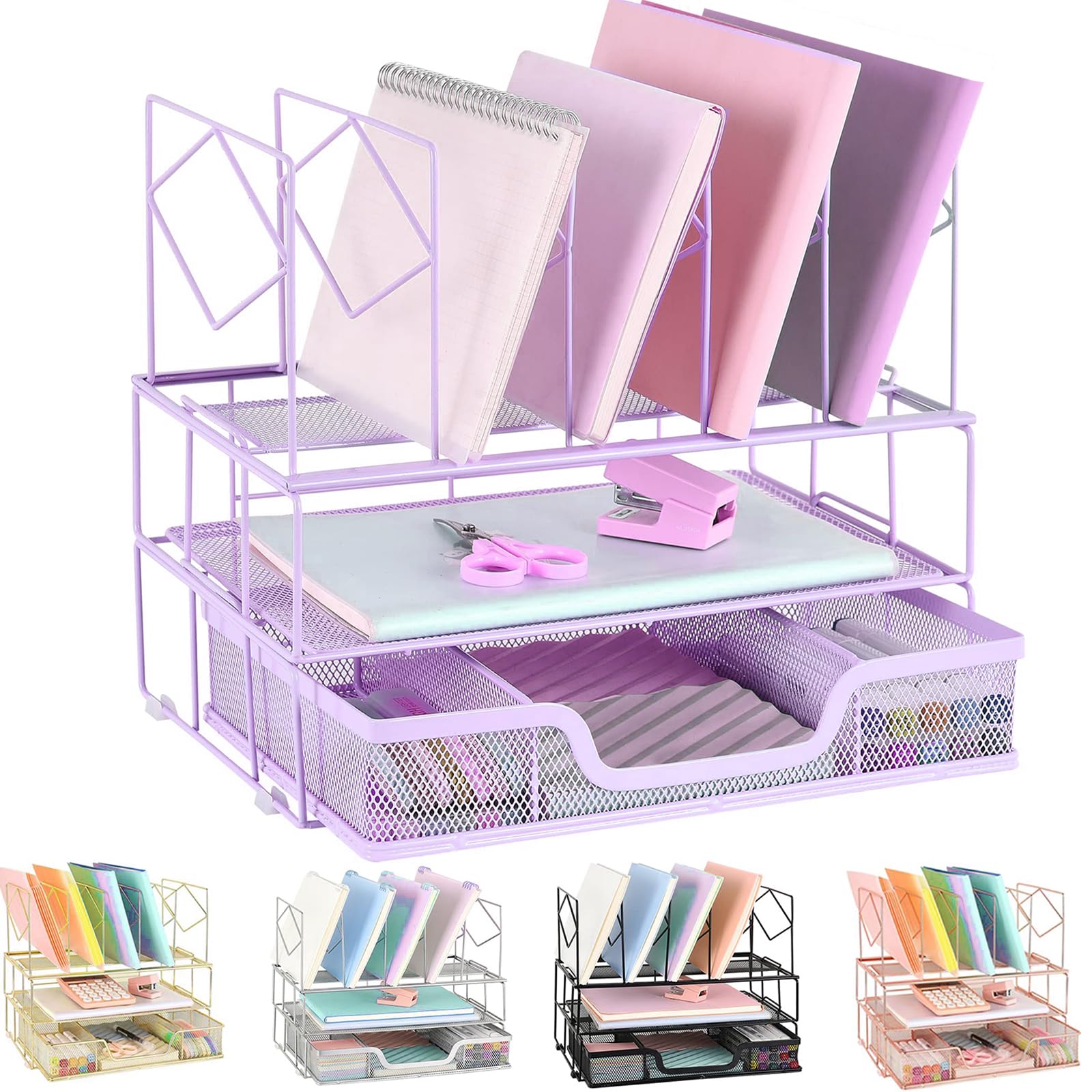 Youbetia Desk Organizers and Desk Accessories - Desk Organizer with File Sorters, File Organizer with Drawer, Desk Accessories & Workspace Organizers for Office Supplies, Purple