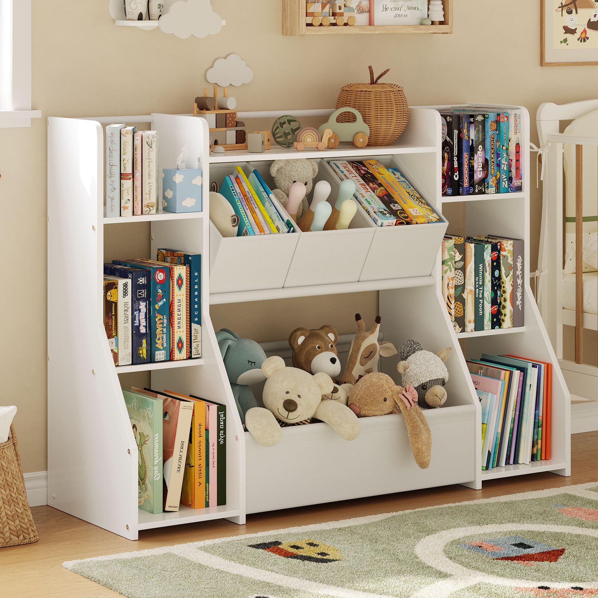 FOUCSSOMEI Kids Bookshelf and Toy Storage Organizer with Large Toy Box