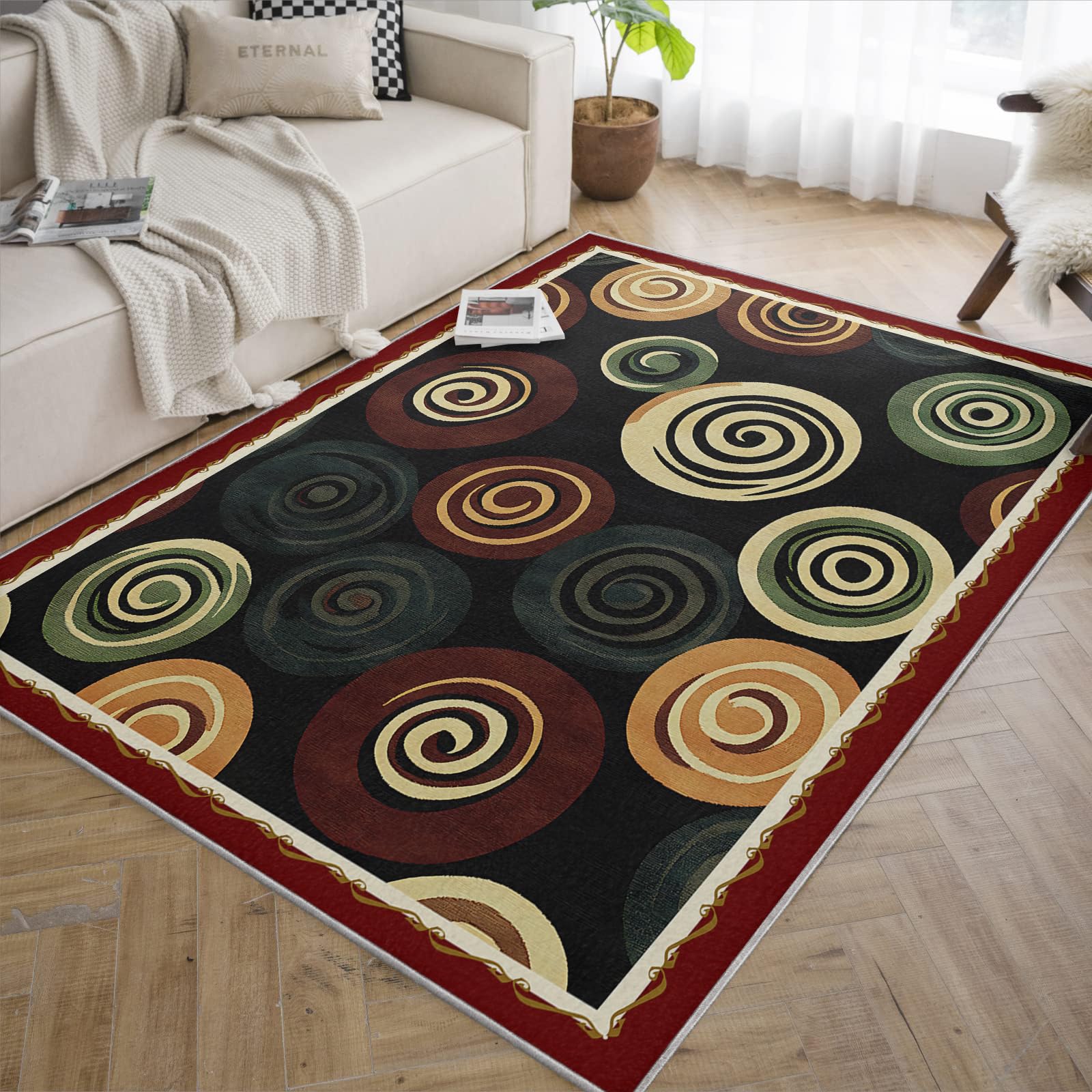 Area Dywan 180 x 270 cm, do salonu, czarny, wielokolorowy, z kręgu, nadaje się do prania, antypoślizgowy, do wnętrz, na podłogę, składany, duży, miękki, do jadalni, sypialni, z krótkim włosiem