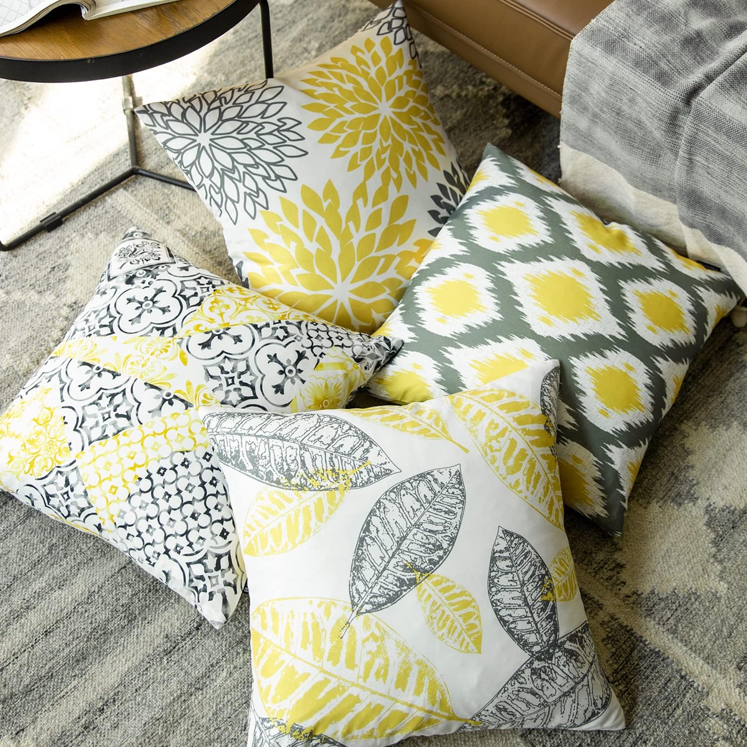 Phantoscope Bundles, Set of 4 New Living Series Yellow and Grey Pillow Covers 18 x 18 inches & Set of 4 Outdoor Waterproof Pillow Inserts 18 x 18 inches