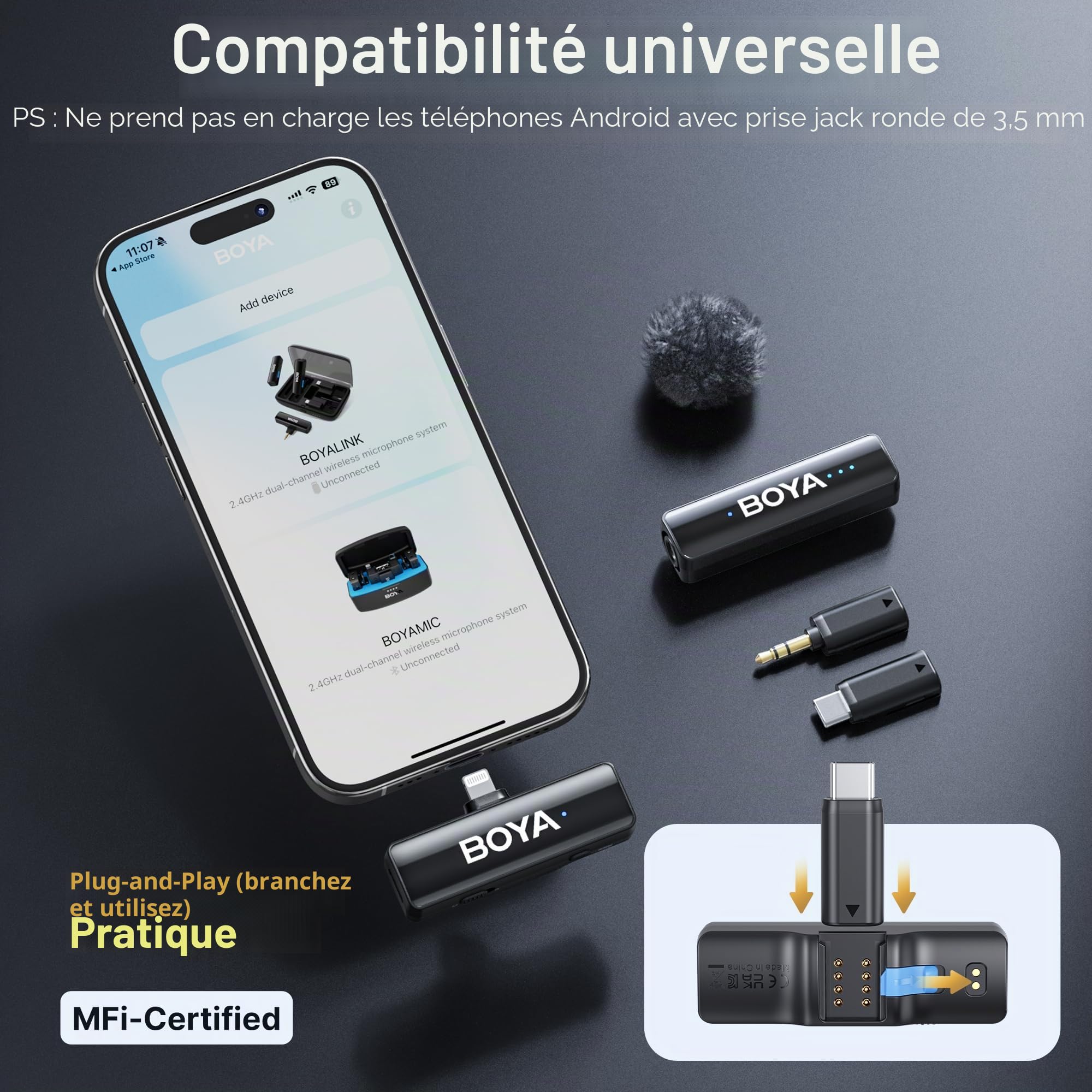 BOYA BOYALINK 2 A1 Microphone pour iPhone Android Appareil photo, 48 kHz 24 bits, 300 m, microphone Lavalier sans fil, annulation de bruit, mini microphone, micro clip, USB-C/Lightning/3,5 mm TRS Plug