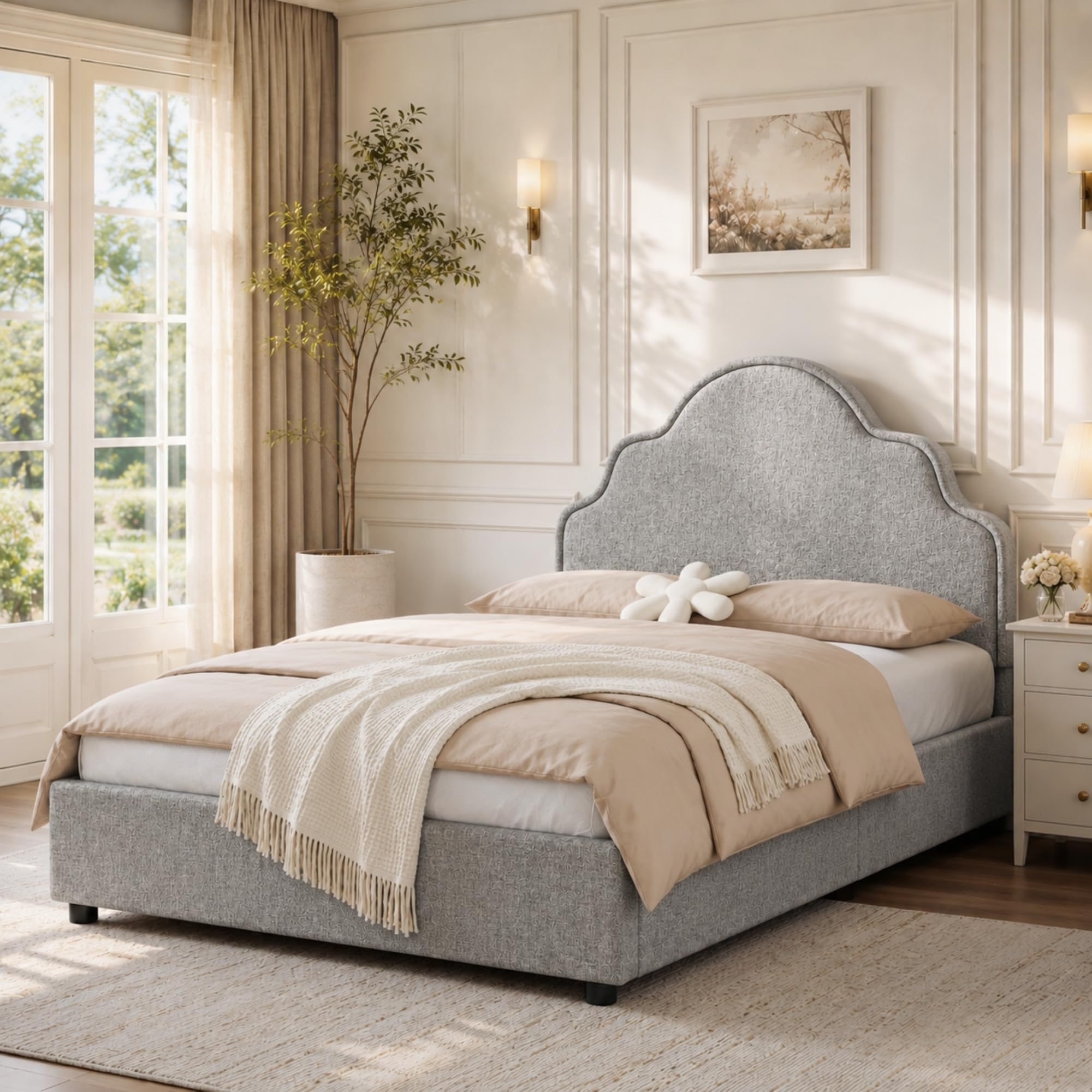 Ball & Cast Scalloped Upholstered Kids Bed Frame 3FT (90 x 190 cm) – Hydraulic Lift-Up Storage Ottoman Bed, Princess Style, Curved Headboard, Padded Low Platform Bed for Bedroom, Light gray, Linen