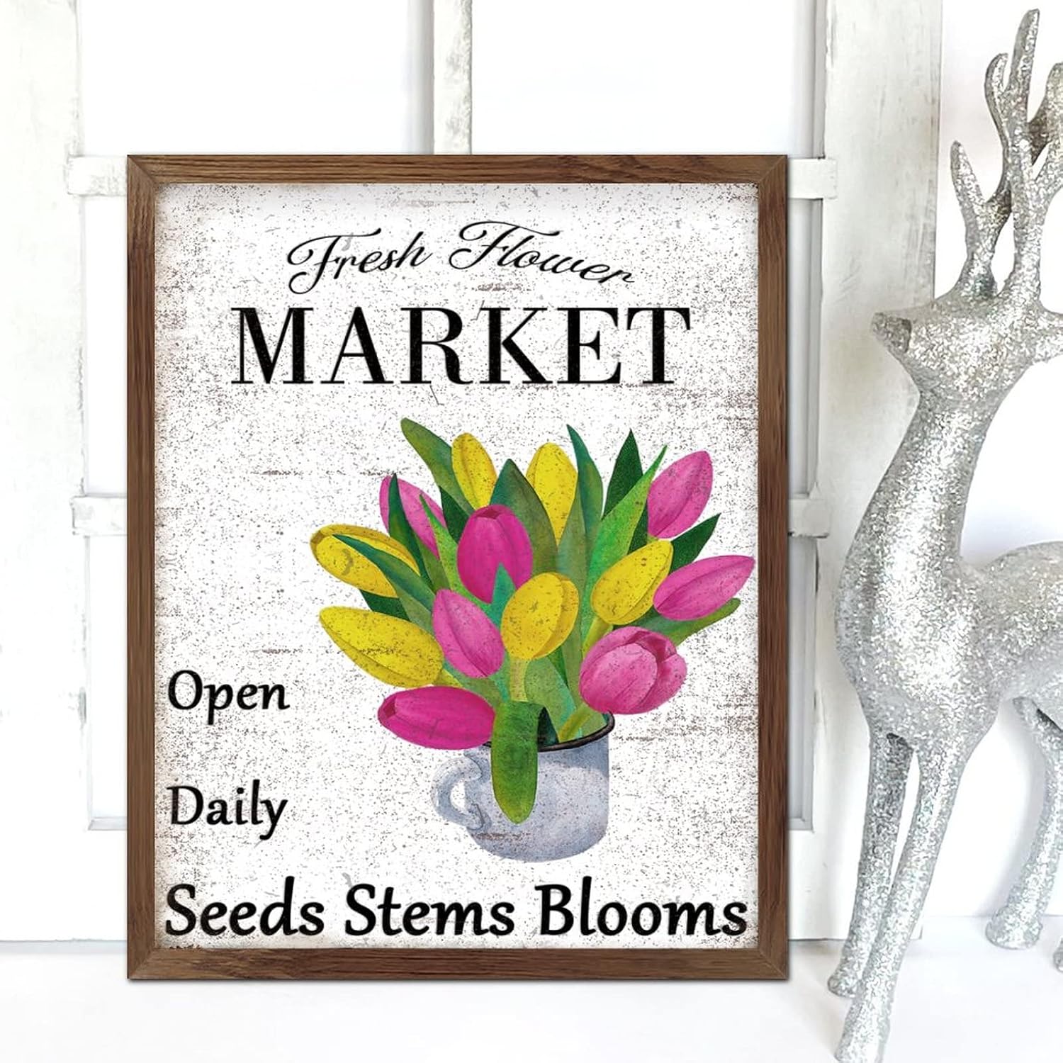Fresh Flower Market Open Daily Framed Wood Signs Spring Tulip in Vase Wooden Wall Hangings Retro Blossom Floral Wall Decor Farmhouse Rustic Wooden for Bedroom Living Room Shelf Kitchen Home 20x16inch