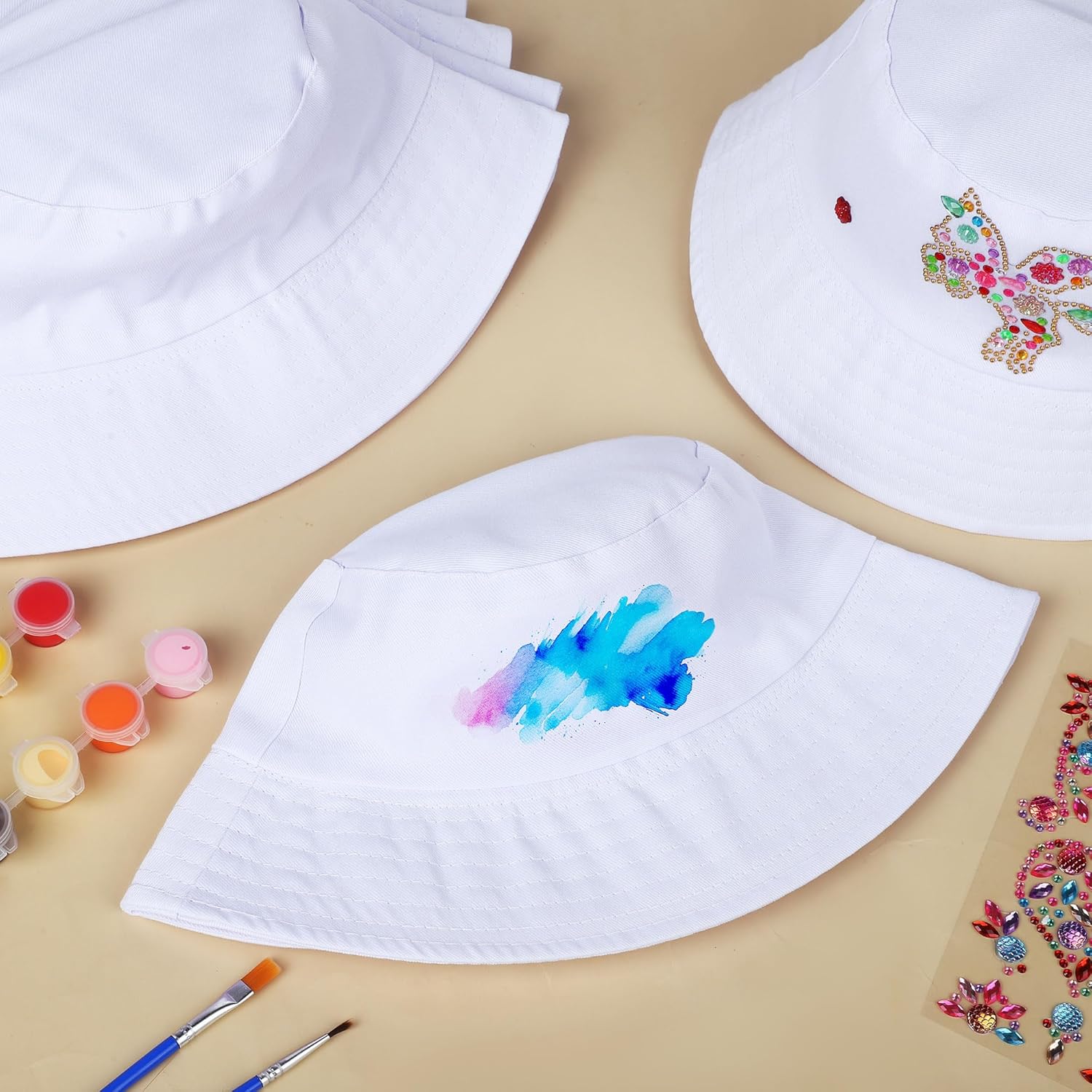 Aneco 12 Pcs White Bucket Hats, DIY Bucket Hats, Beach Getaway Fisherman's Hat, Painting Blank Cap Bulk with Acrylic Paint Kits Stickers for Summer Birthday Party Painting Supplies - Image 6