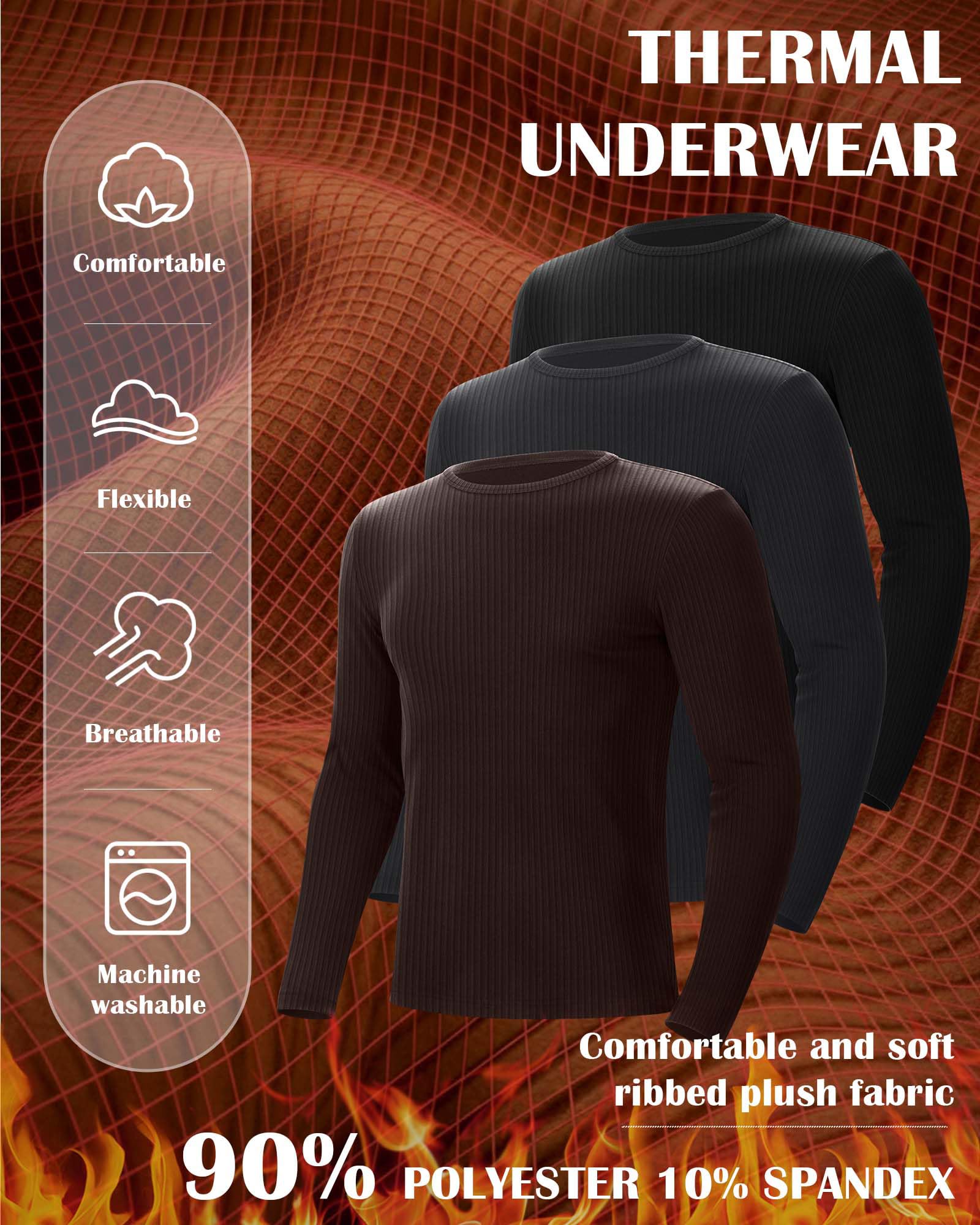 Riyiper Confezione da 3 Maglie Termiche a Costine da Uomo Girocollo Manica Lunga Canottiera Intima Invernale Slim Basic