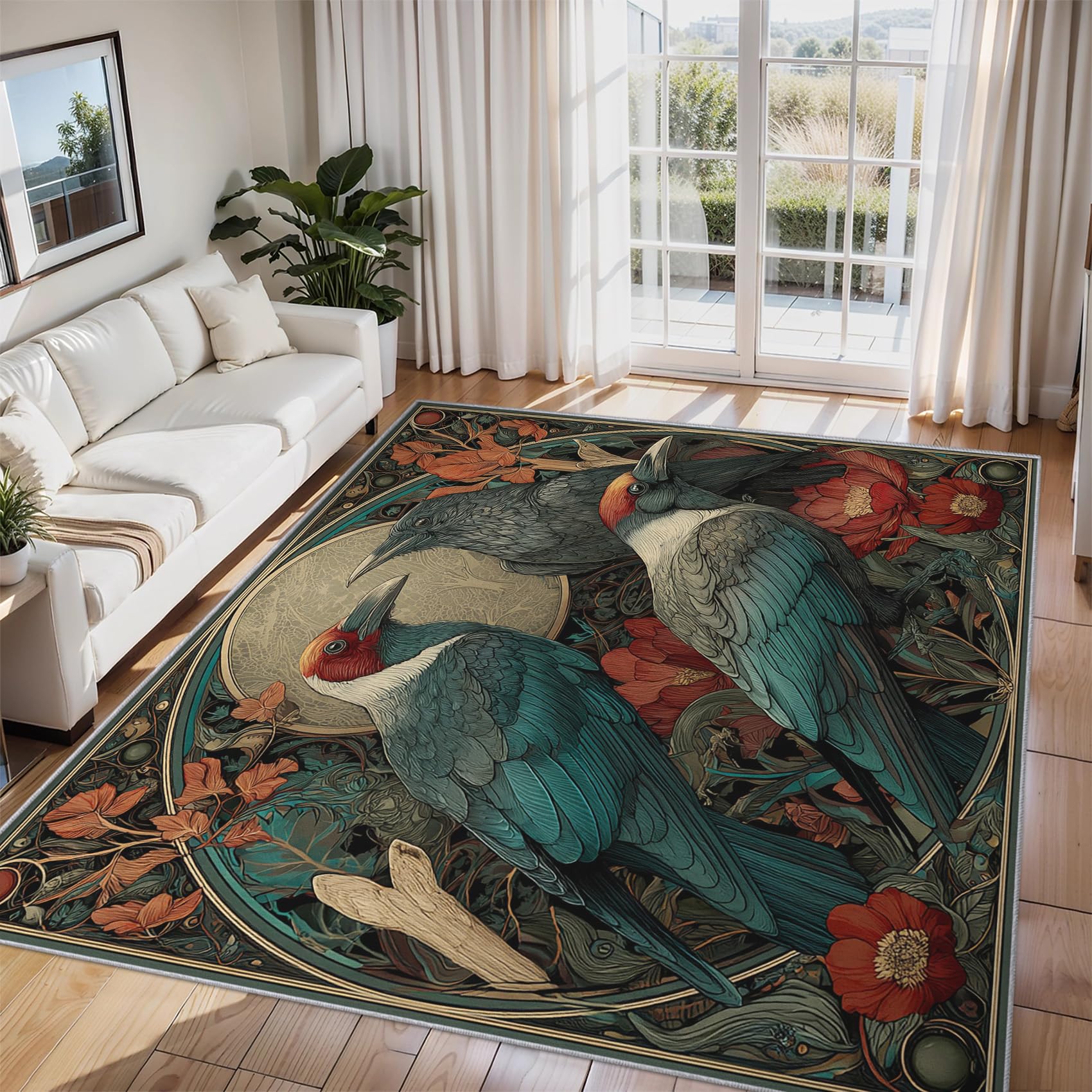 Floral Bird Rugs Living Room Large 160x230, Vintage Flower Crow Area Rugs for Bedroom Accessories, Non Slip Soft Low Pile Washable Carpet, Home Decor FL191