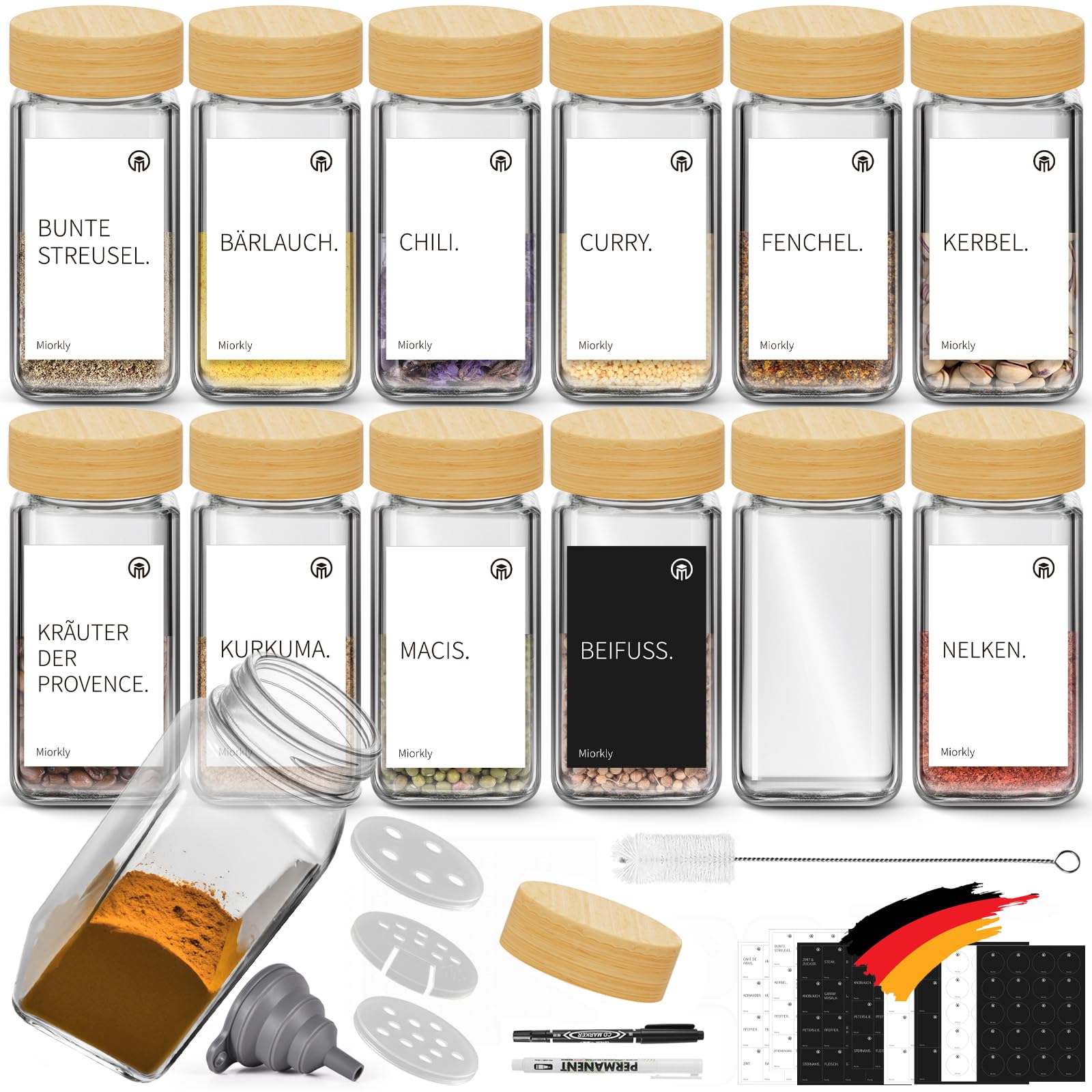 Miorkly Gewürzgläser Eckig mit Streueinsatz - 12er Set 120ml Gewürzdosen Hochwertigem Holzdeckel aus Bambus Gewürzgläser - Gewürzstreuer Glas mit Streuer-Aufsätze,Trichter,Etiketten- Spice Jars